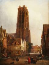 James Burton - Rheims Street scene with Figures and Cathedral, 19th century oil on canvas, signed