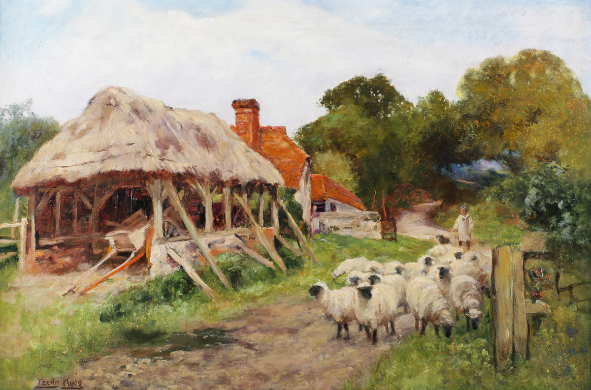 Circle of Henry John Yeend King - Landscape with Farm Buildings, Shepherd and Sheep, late 19th/early