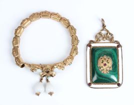 A late Victorian gilt metal, imitation turquoise and white paste expanding bracelet, the front