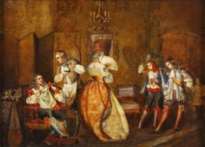 British School - Courtiers in an Interior, 19th century oil on canvas, 21cm x 29cm, within a gilt