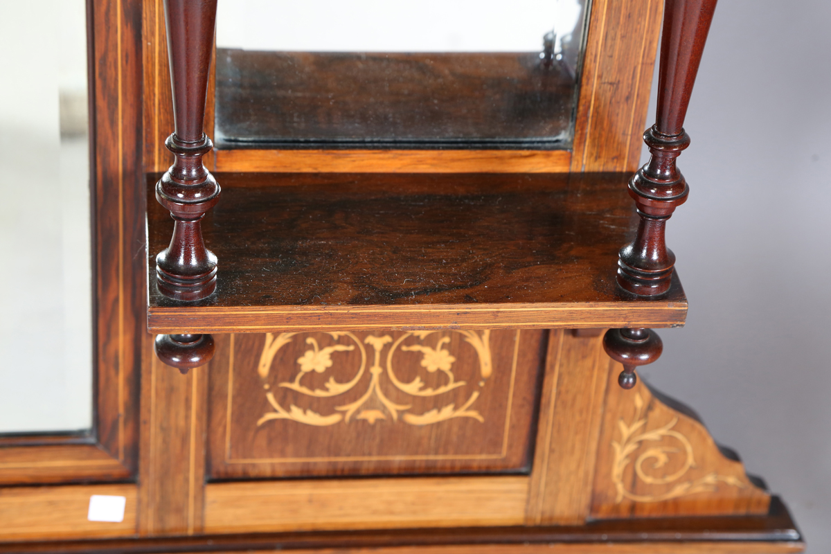 A late Victorian rosewood and inlaid overmantel mirror, fitted with shelves, height 140cm, width - Image 8 of 15