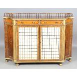 A 20th century Regency style rosewood and parcel-gilt chiffonier with galleried top, drawers and