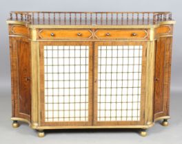 A 20th century Regency style rosewood and parcel-gilt chiffonier with galleried top, drawers and