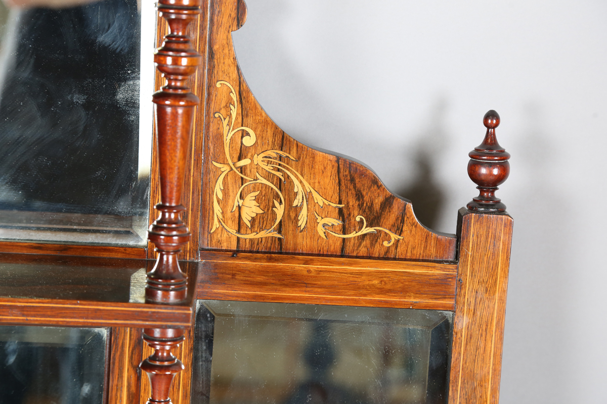 A late Victorian rosewood and inlaid overmantel mirror, fitted with shelves, height 140cm, width - Image 13 of 15