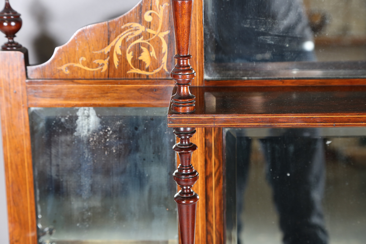 A late Victorian rosewood and inlaid overmantel mirror, fitted with shelves, height 140cm, width - Image 11 of 15