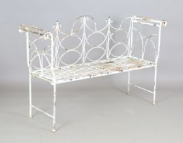 A 20th century white painted wrought iron garden bench with slatted seat, height 91cm, width