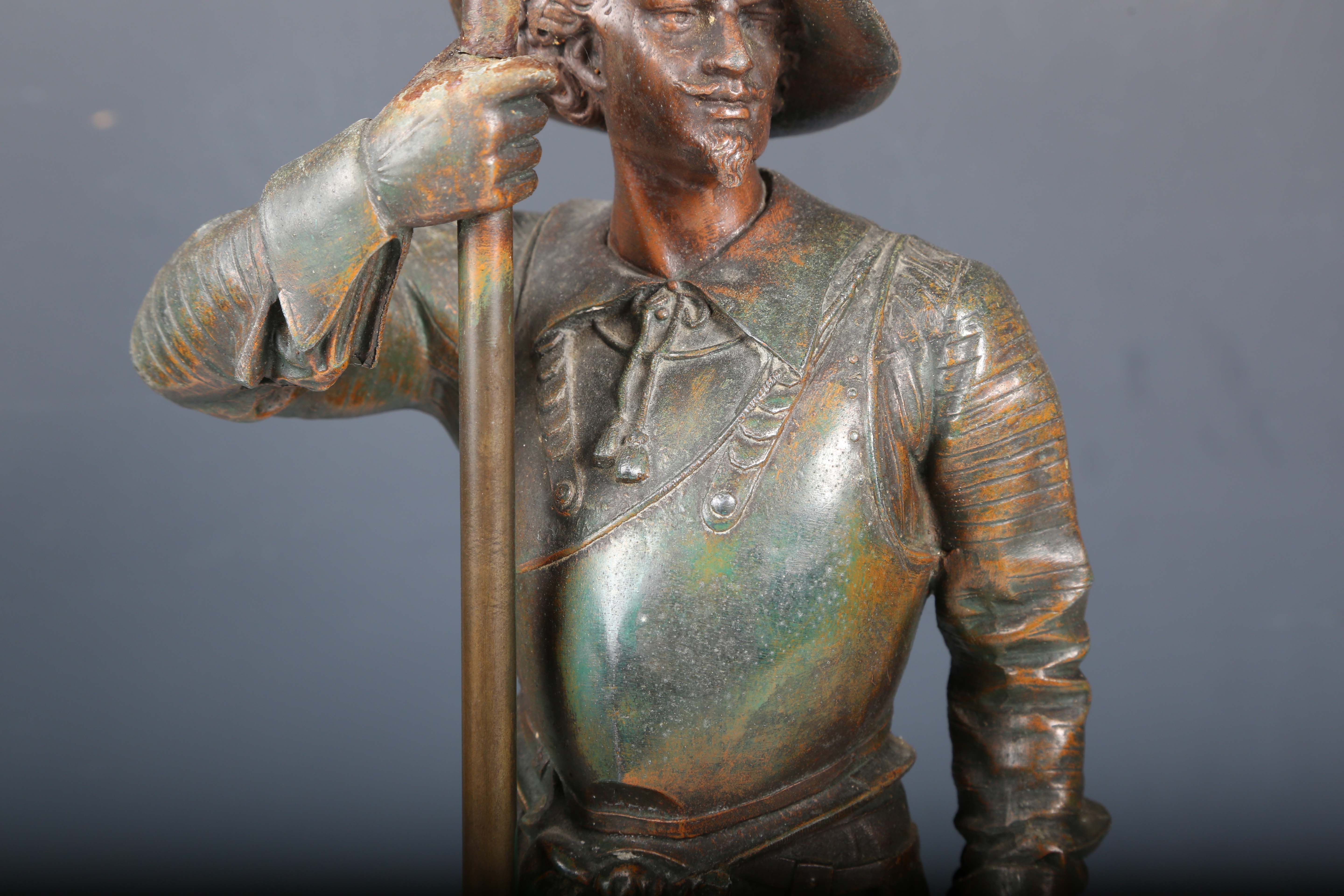 Auguste Poitevin - a 19th century spelter figural table lamp, modelled as Don Cesar, raised on a - Image 16 of 19