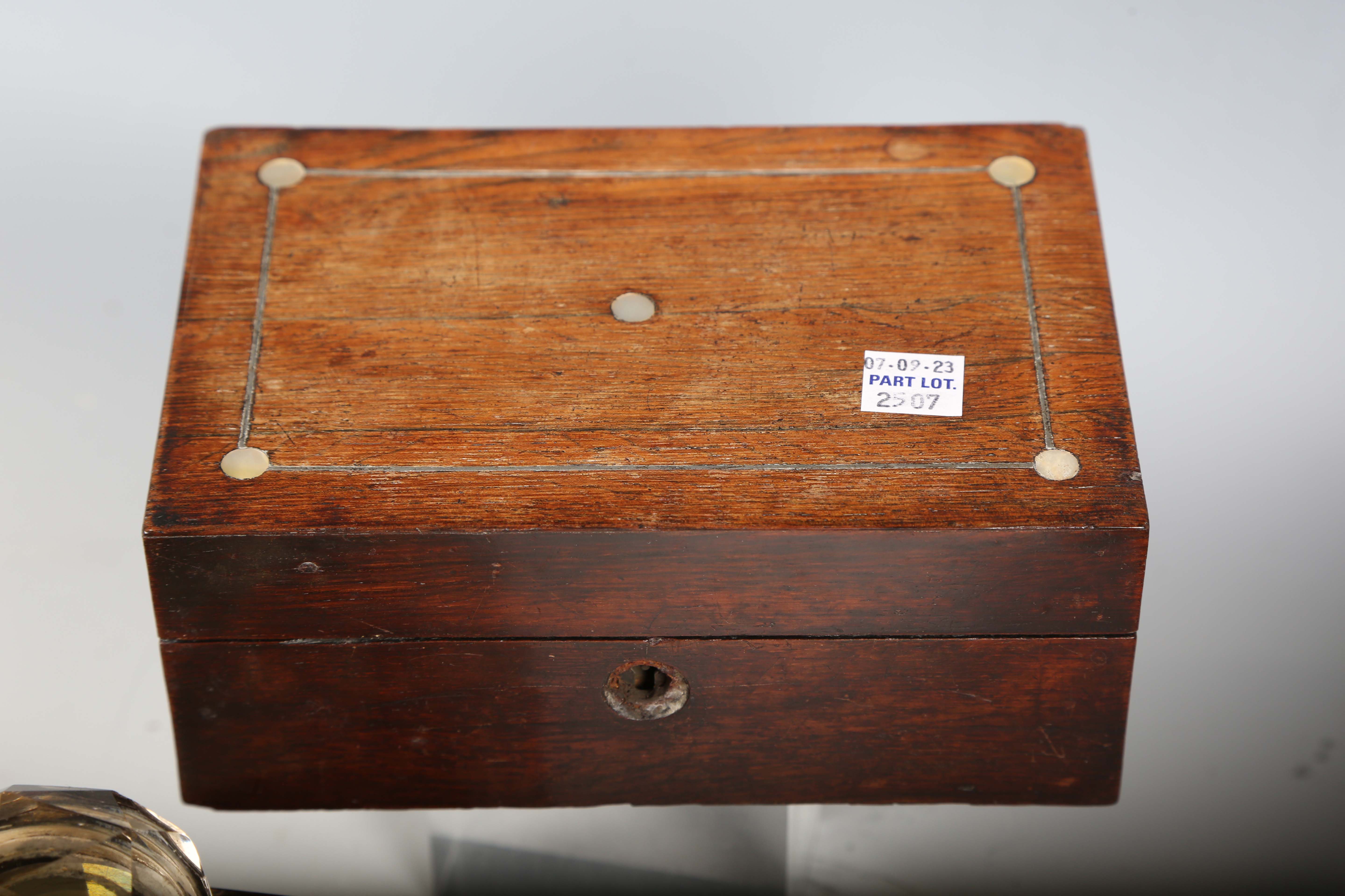 A late Victorian walnut desk stand, fitted with three glass inkwells, weight 38cm, together with two - Image 5 of 17