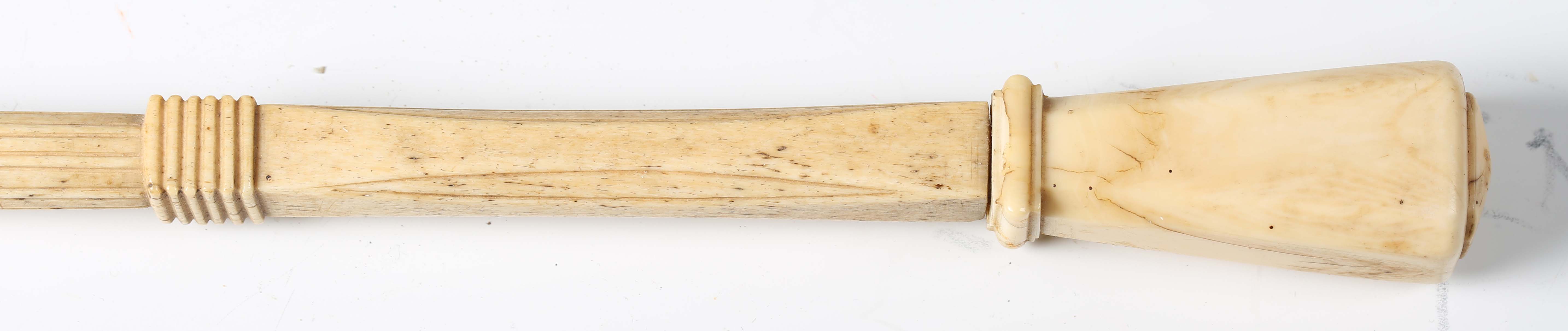 A late 18th/early 19th century carved scrimshaw walking cane, the marine ivory pommel above a carved - Image 10 of 12