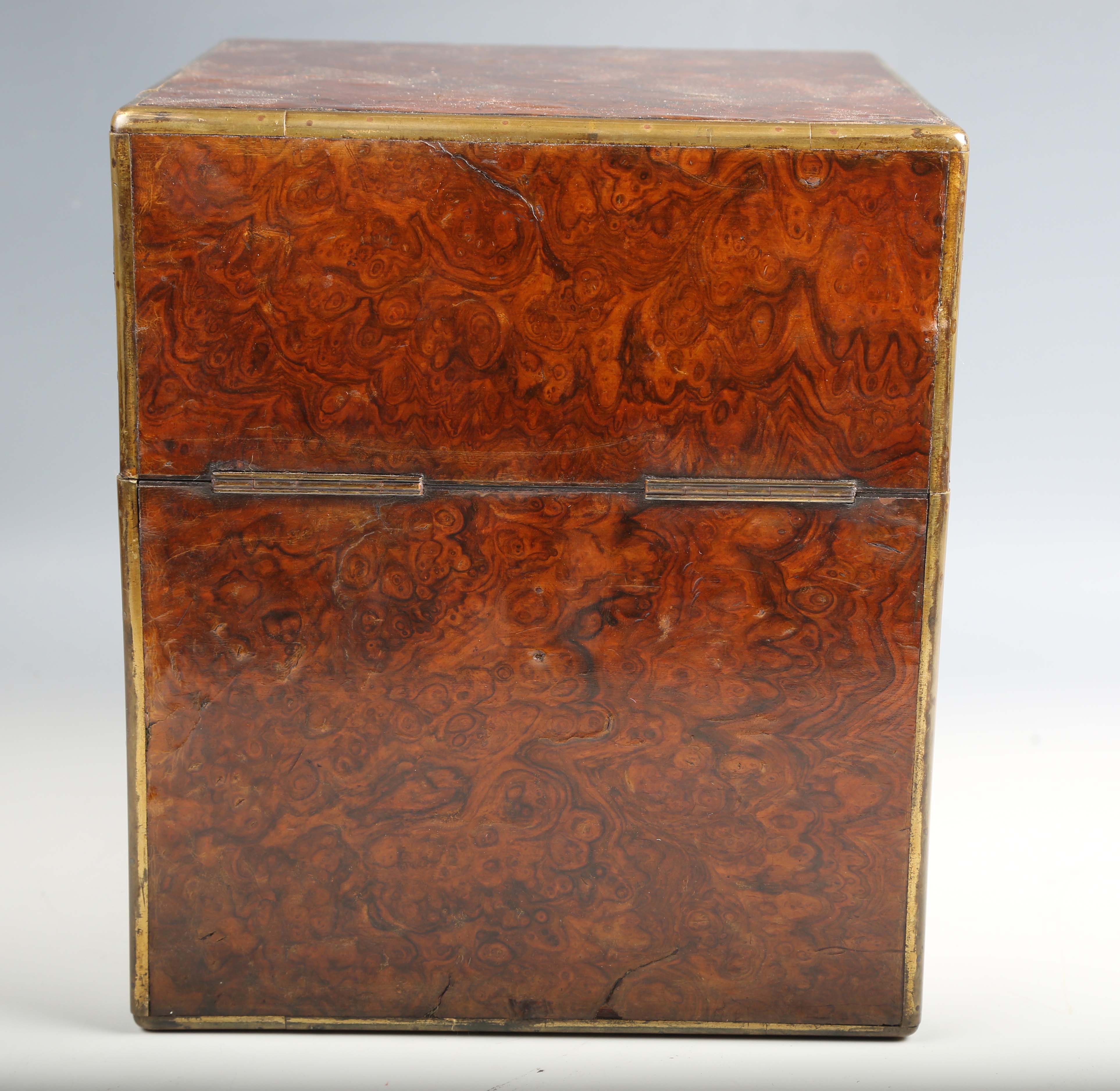 A Victorian burr walnut and brass bound decanter box, the sides with recessed handles, the - Image 3 of 10