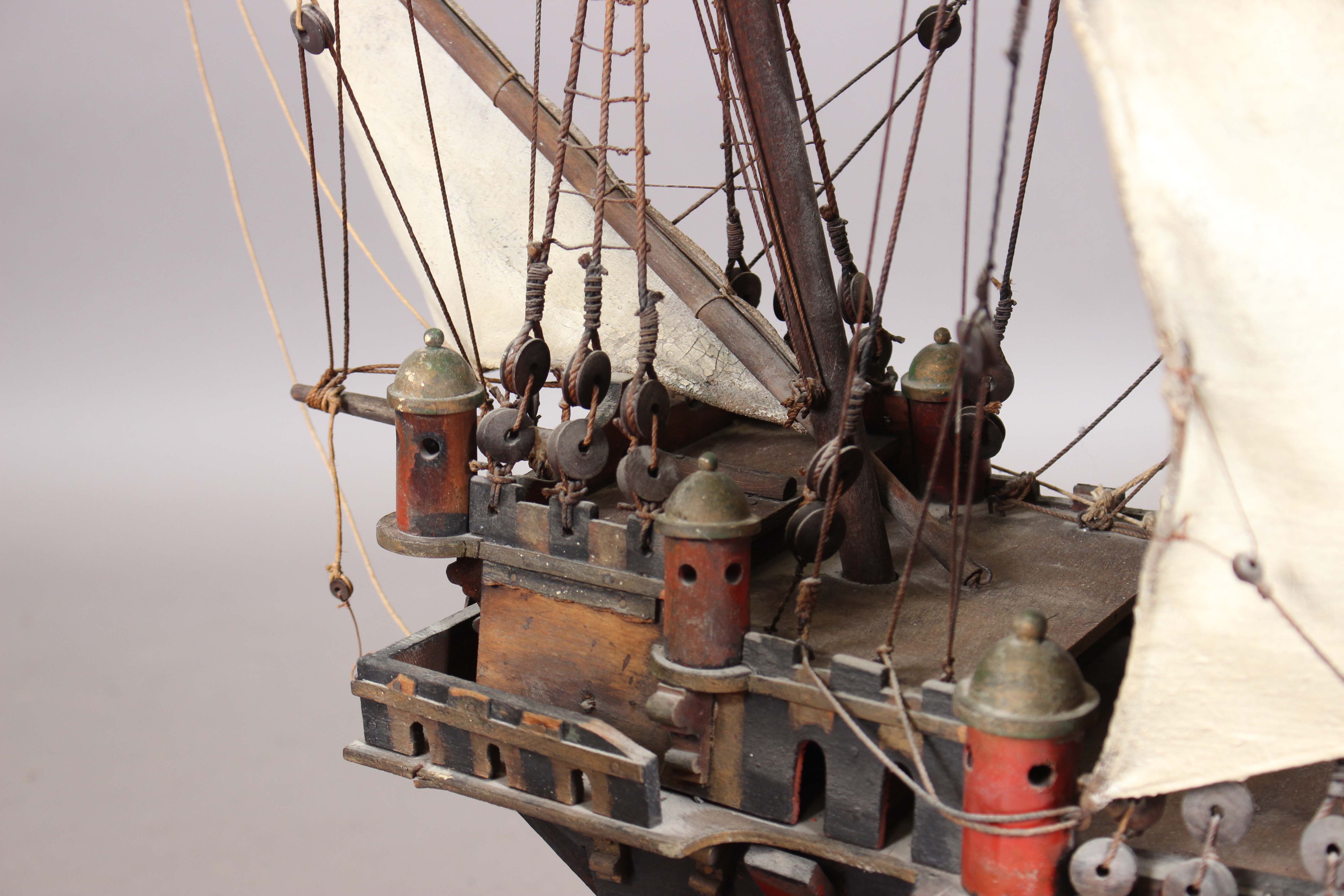 A 20th century scratch-built wooden model of a galleon, length 110cm, together with a model of a - Image 22 of 28