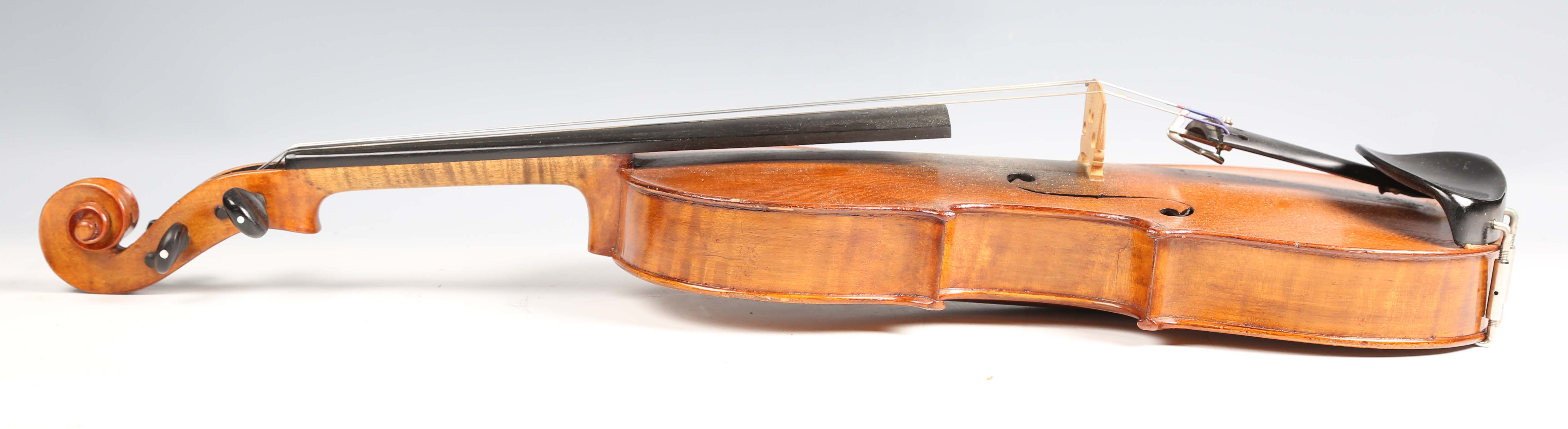 A violin with striped two-piece back, length of back excluding button 36cm, cased with a bow.Buyer’s - Image 21 of 25