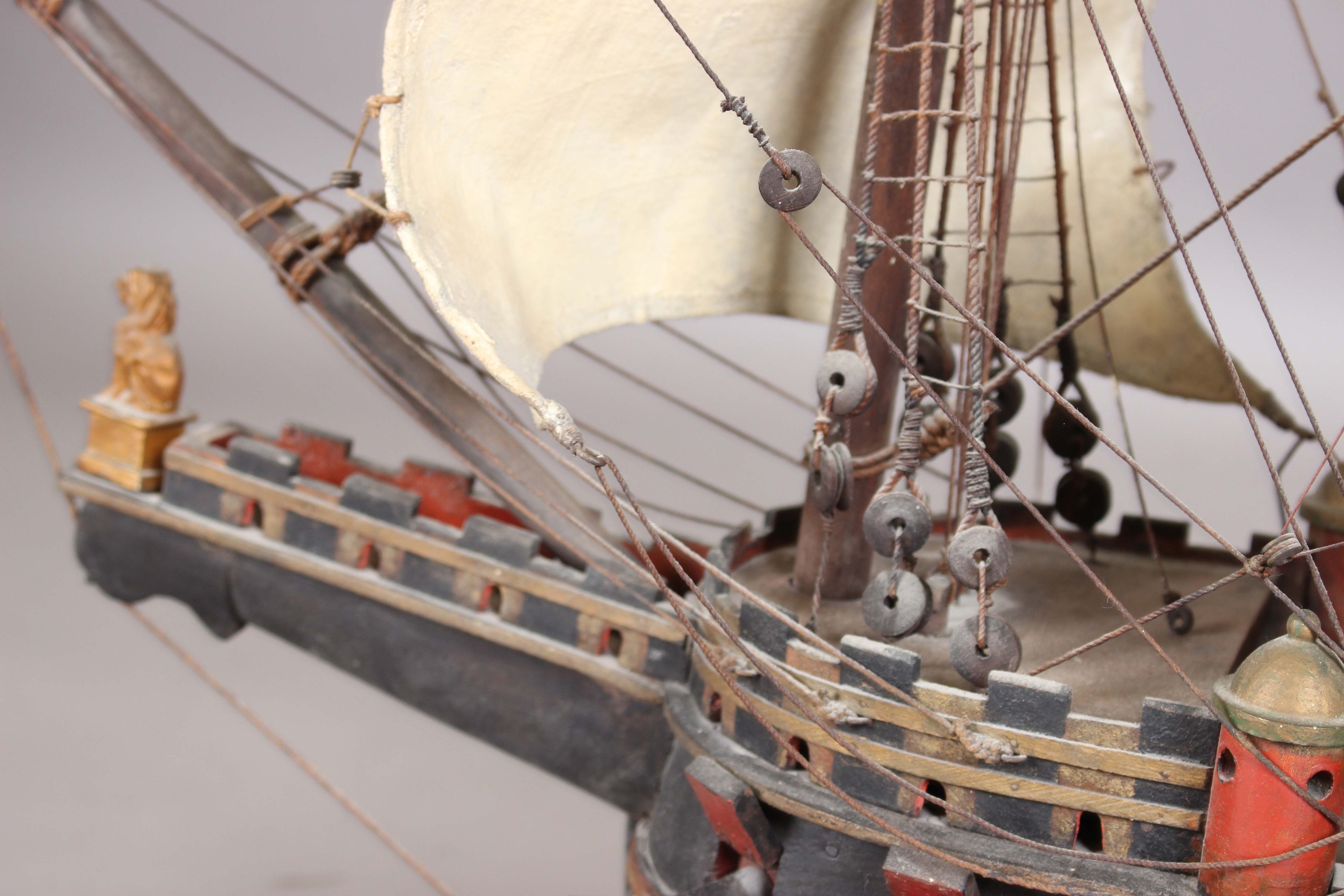 A 20th century scratch-built wooden model of a galleon, length 110cm, together with a model of a - Image 13 of 28