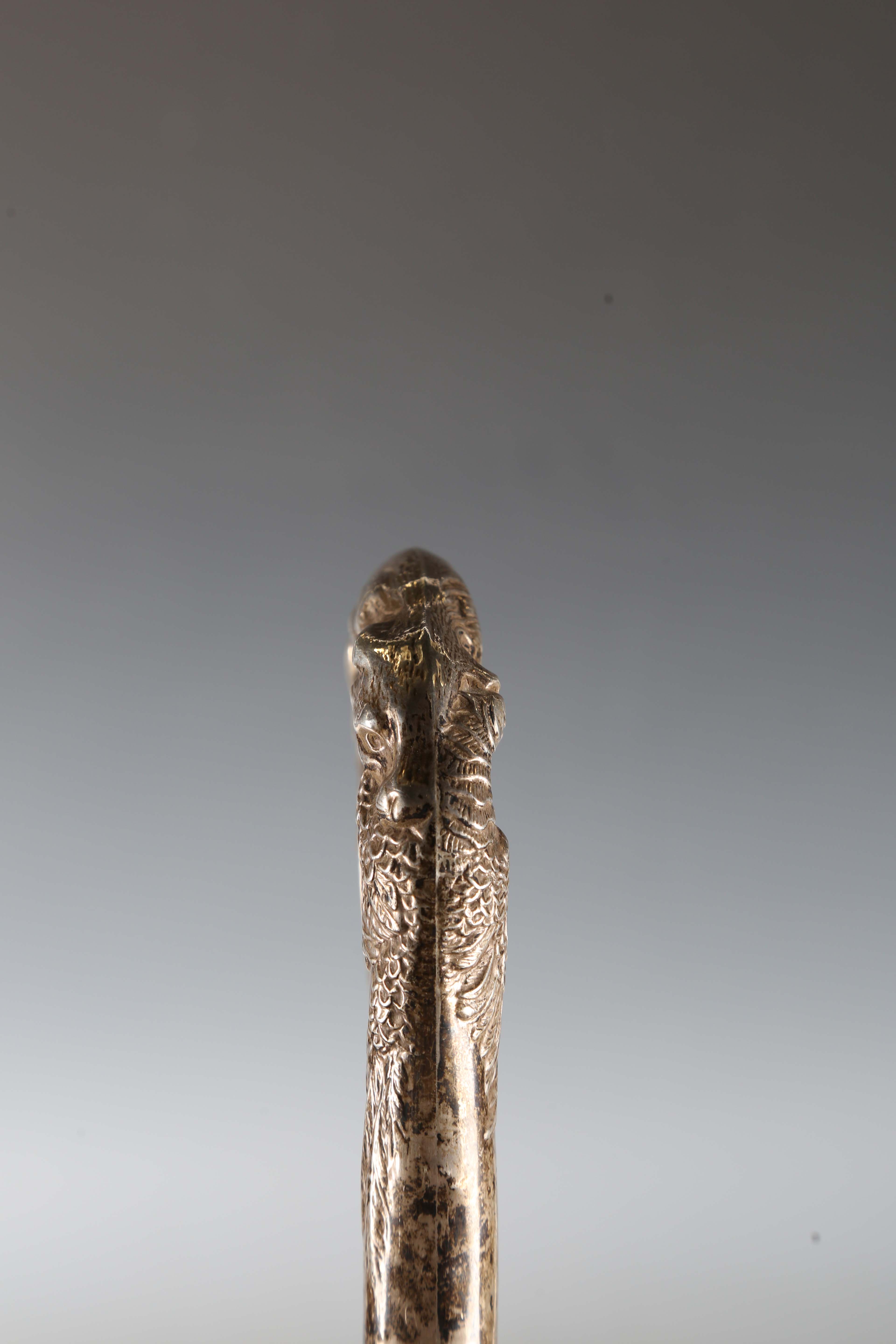A late 20th century hardwood walking stick, the silver handle decorated in relief with a fox and - Image 6 of 11