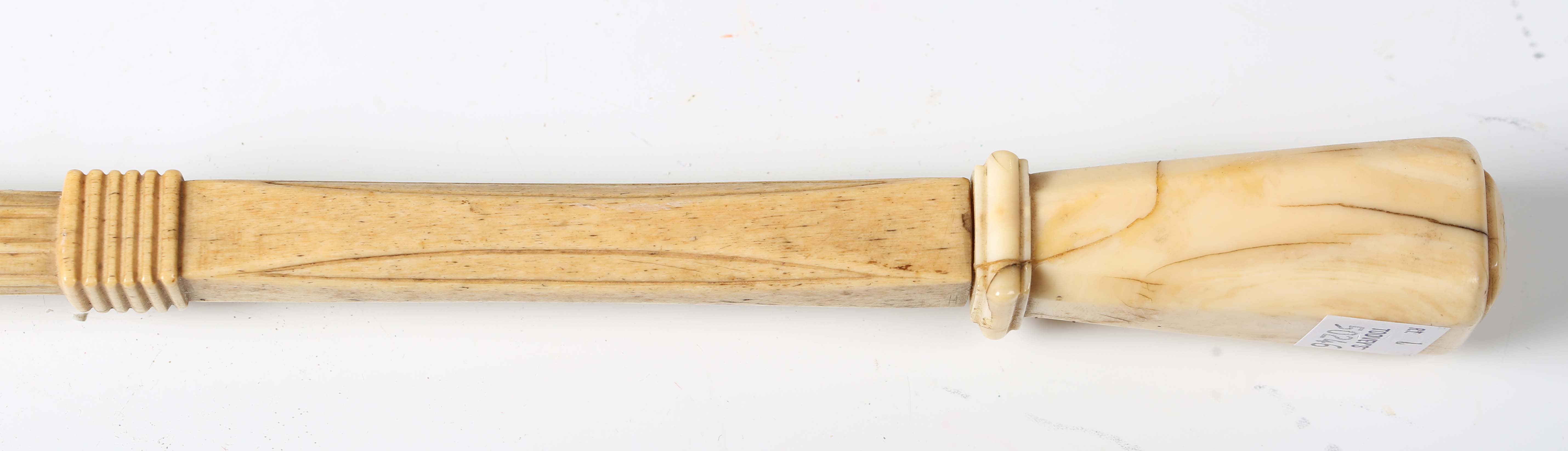 A late 18th/early 19th century carved scrimshaw walking cane, the marine ivory pommel above a carved - Image 11 of 12