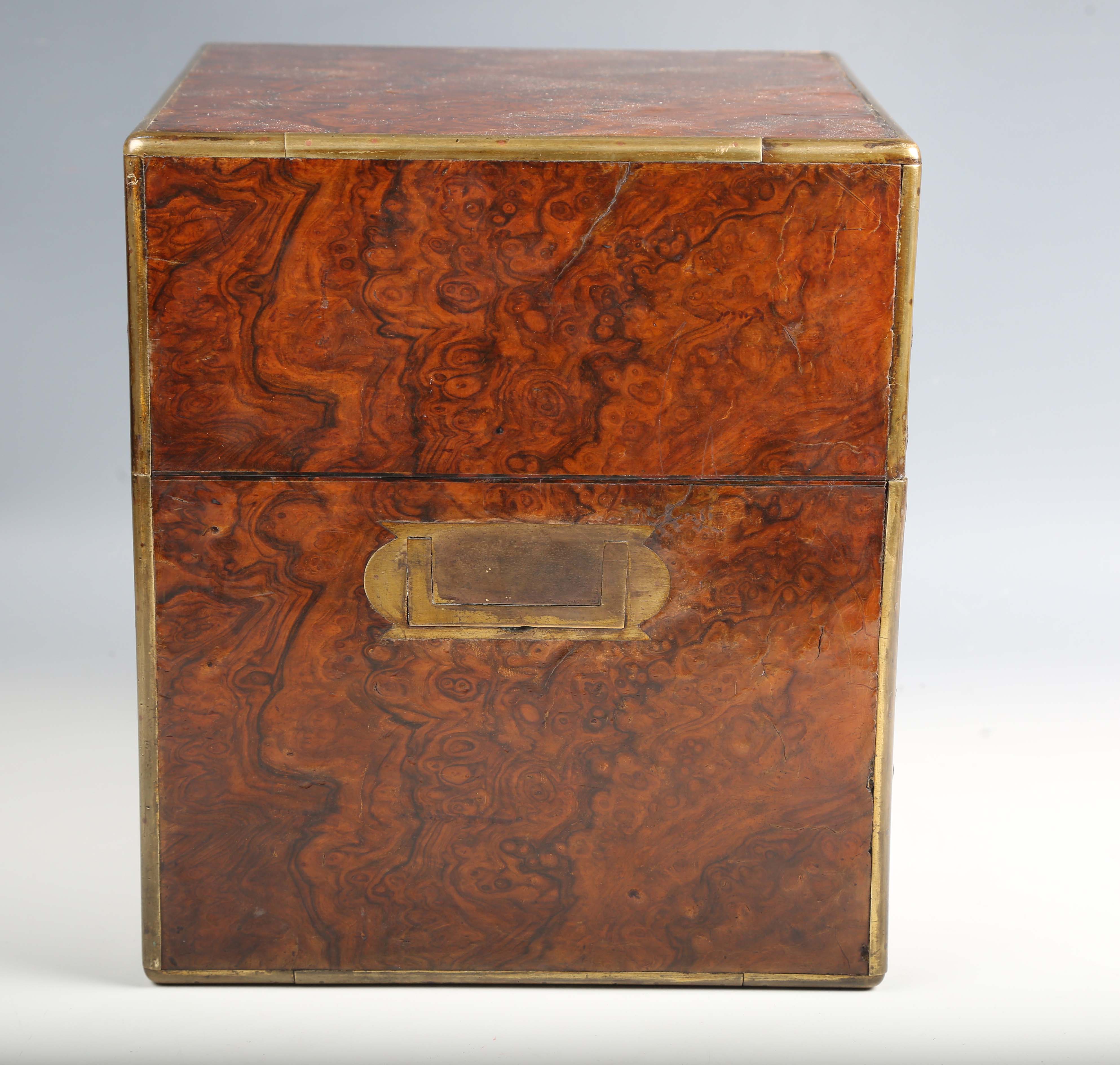 A Victorian burr walnut and brass bound decanter box, the sides with recessed handles, the - Image 4 of 10