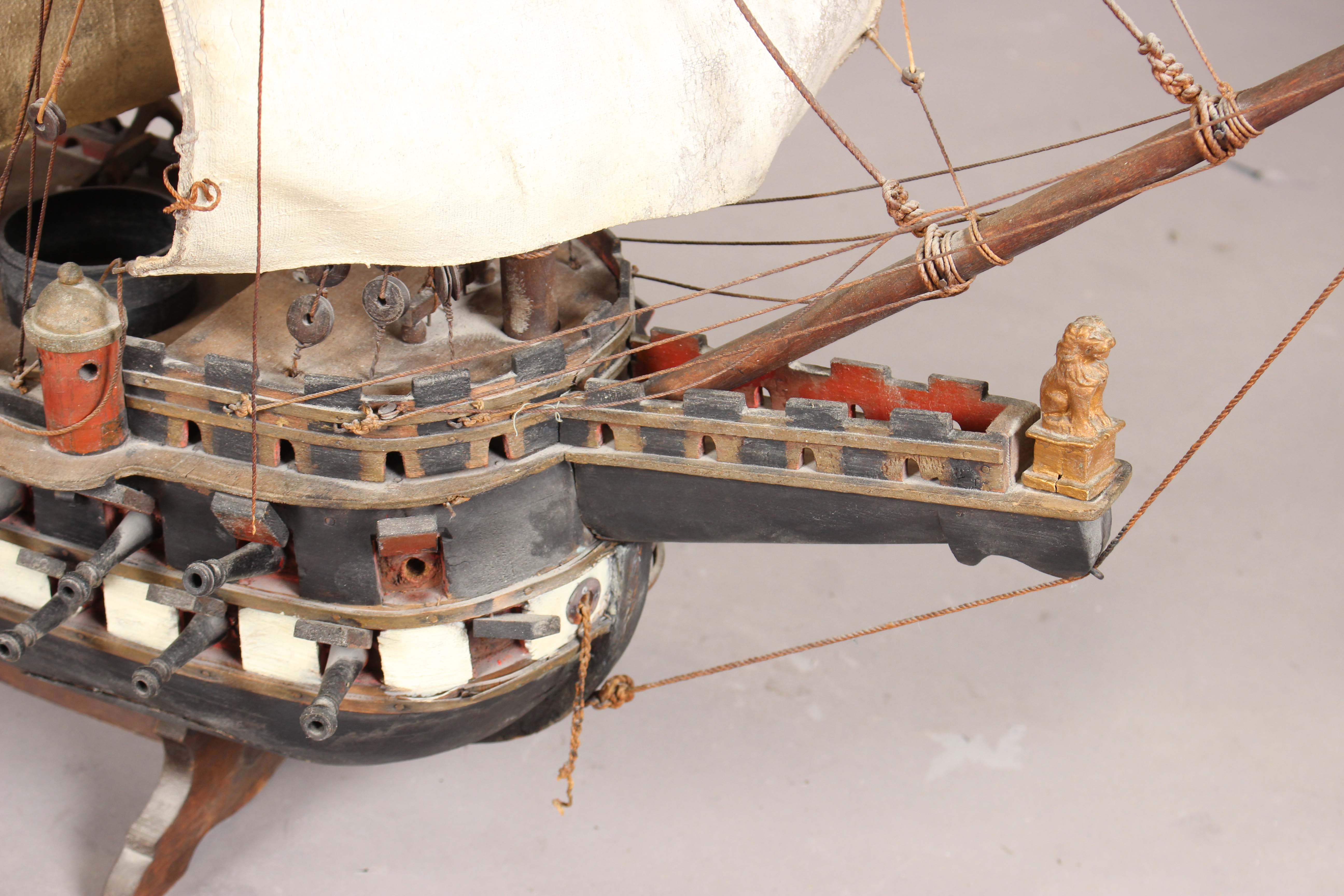 A 20th century scratch-built wooden model of a galleon, length 110cm, together with a model of a - Image 25 of 28