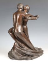 A 20th century brown patinated cast bronze figural group of a dancing couple, indistinctly signed,
