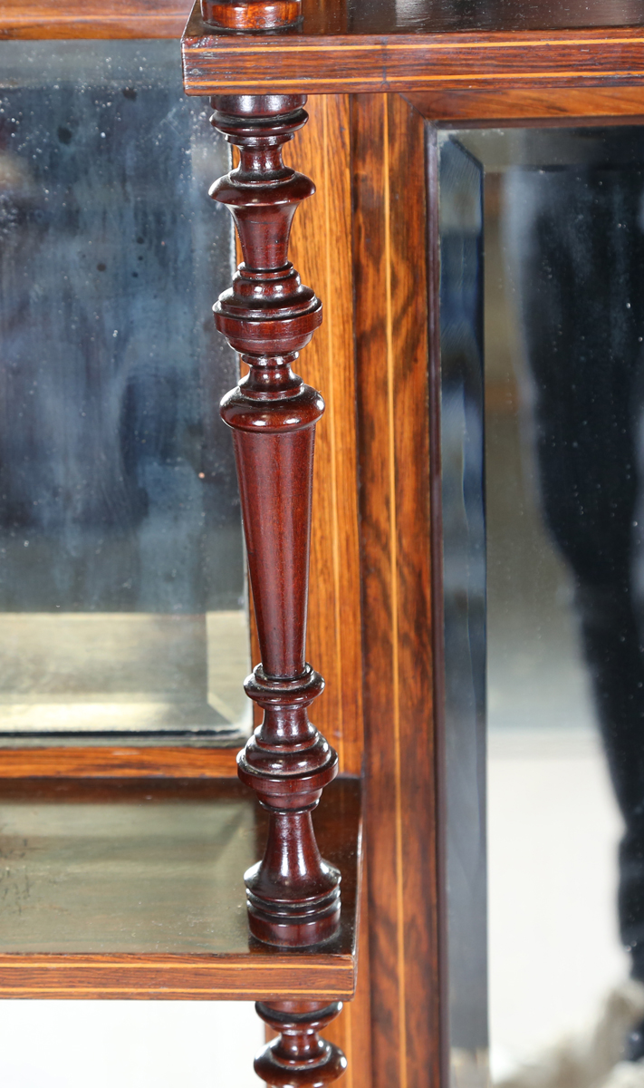 A late Victorian rosewood and inlaid overmantel mirror, fitted with shelves, height 140cm, width - Image 5 of 15