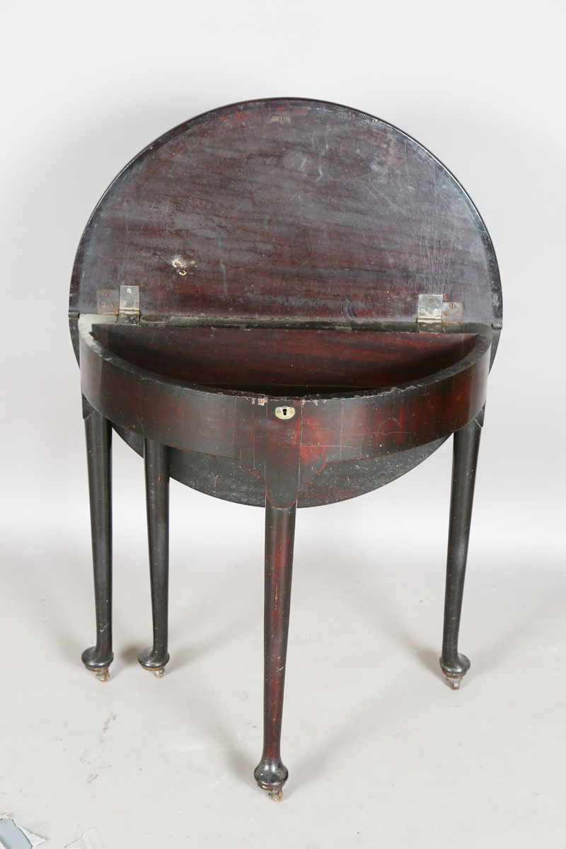 A George III mahogany demi-lune drop-flap table with hinged lid, on straight tapering legs and pad - Image 4 of 12