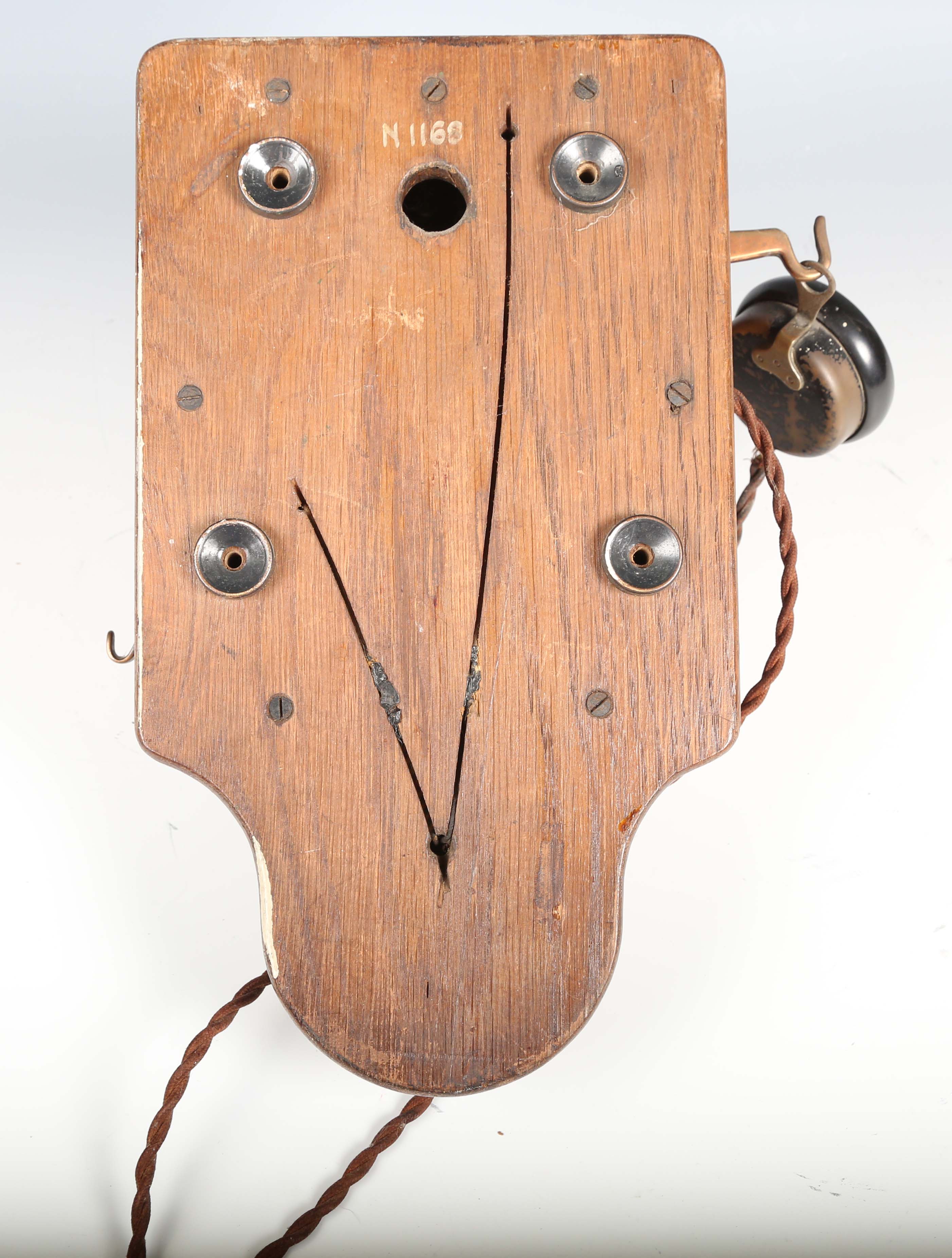 An early 20th century oak cased wall telephone, possibly from a railway, the front with applied - Image 2 of 10