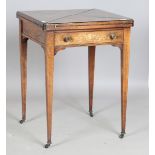 A late Victorian rosewood and inlaid envelope card table, fitted with a drawer, on square tapering