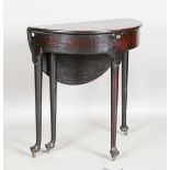 A George III mahogany demi-lune drop-flap table with hinged lid, on straight tapering legs and pad