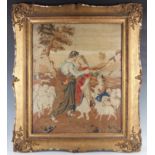 A 19th century Berlin woolwork panel depicting a shepherd and shepherdess tending their flock,