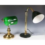 A Victorian style brass table lamp with adjustable green glass shade and a mid-20th century brass