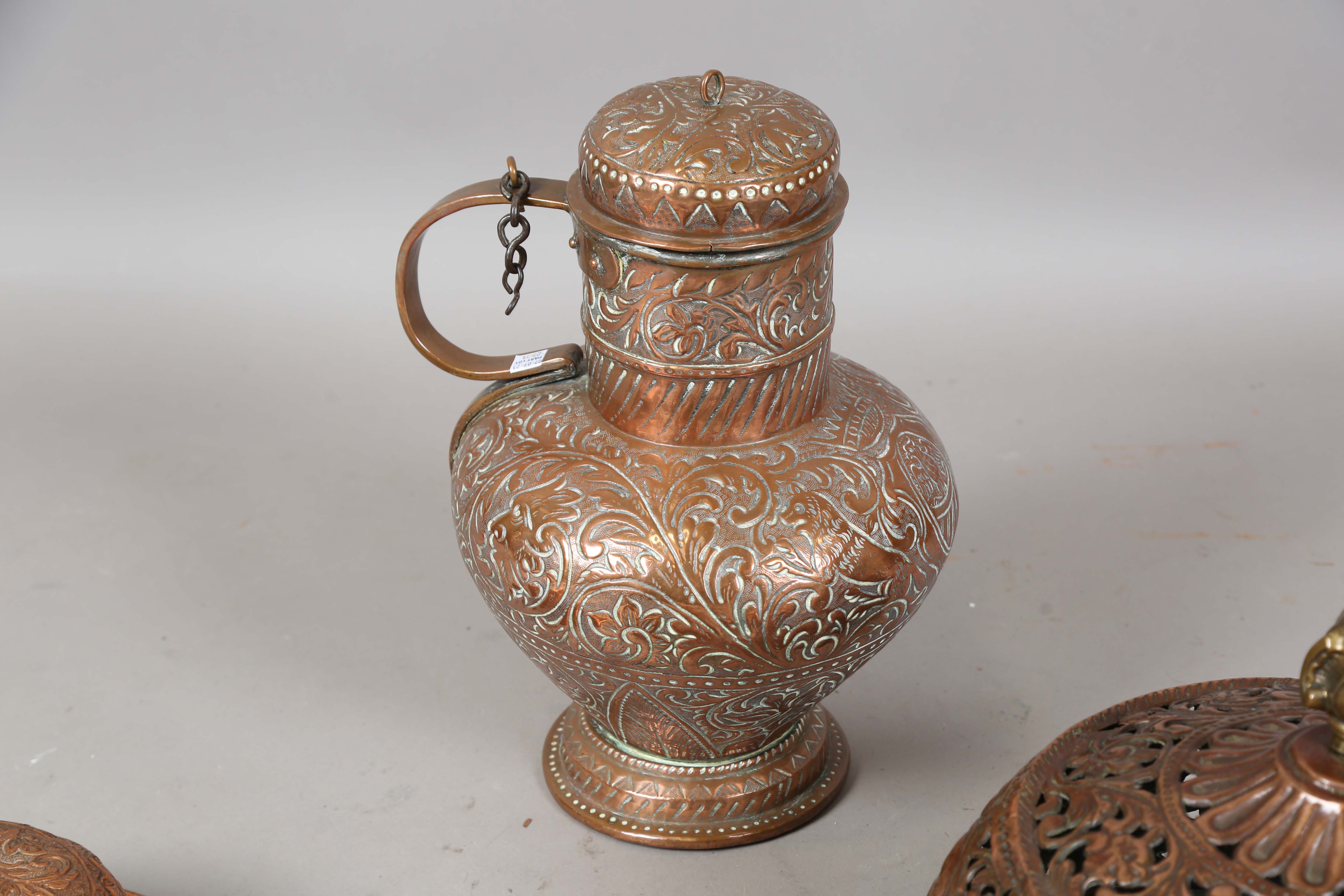 A group of 18th century and 19th century Italian copper ware, comprising a large lidded flagon, - Image 8 of 9