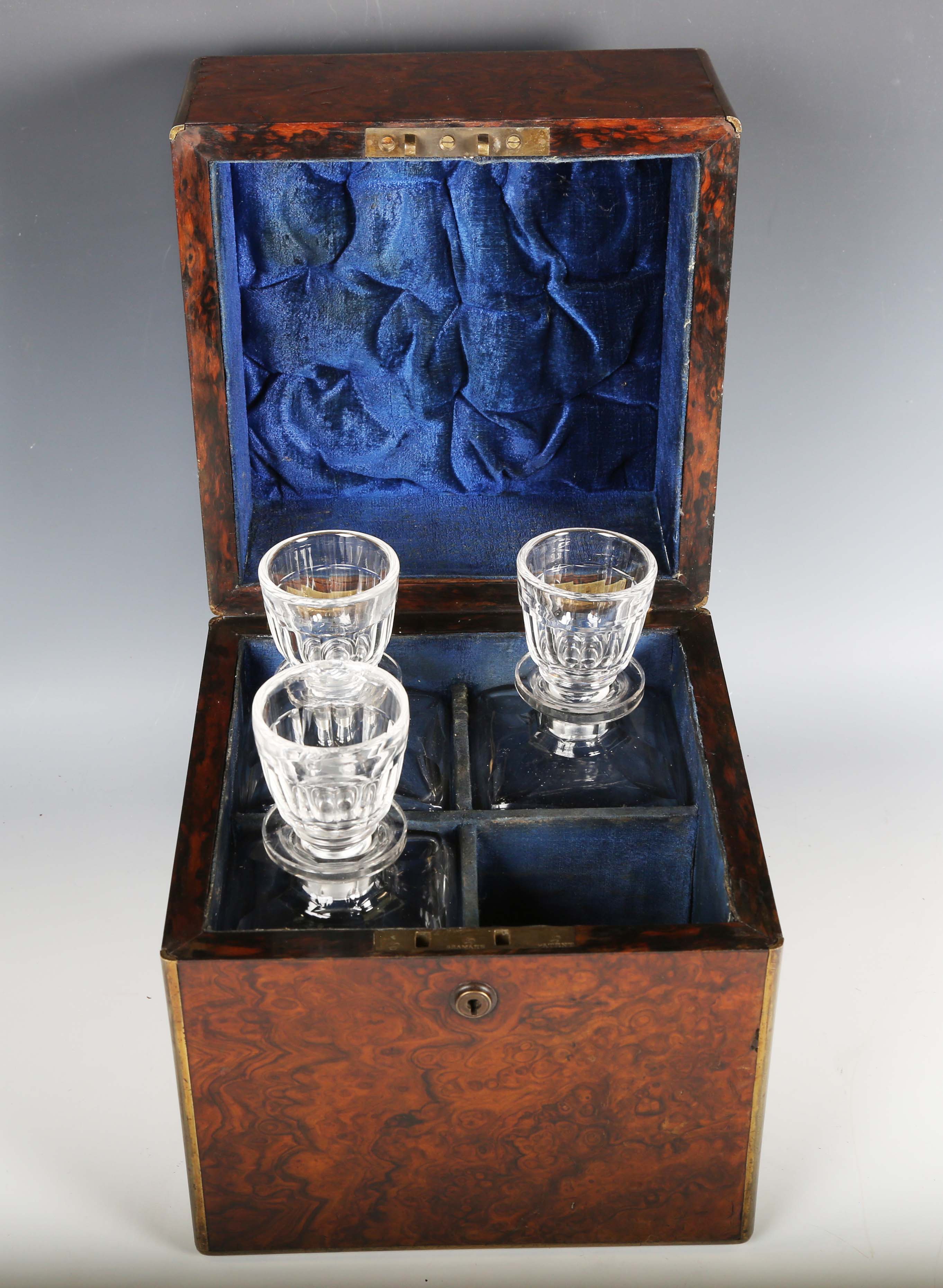 A Victorian burr walnut and brass bound decanter box, the sides with recessed handles, the - Image 10 of 10