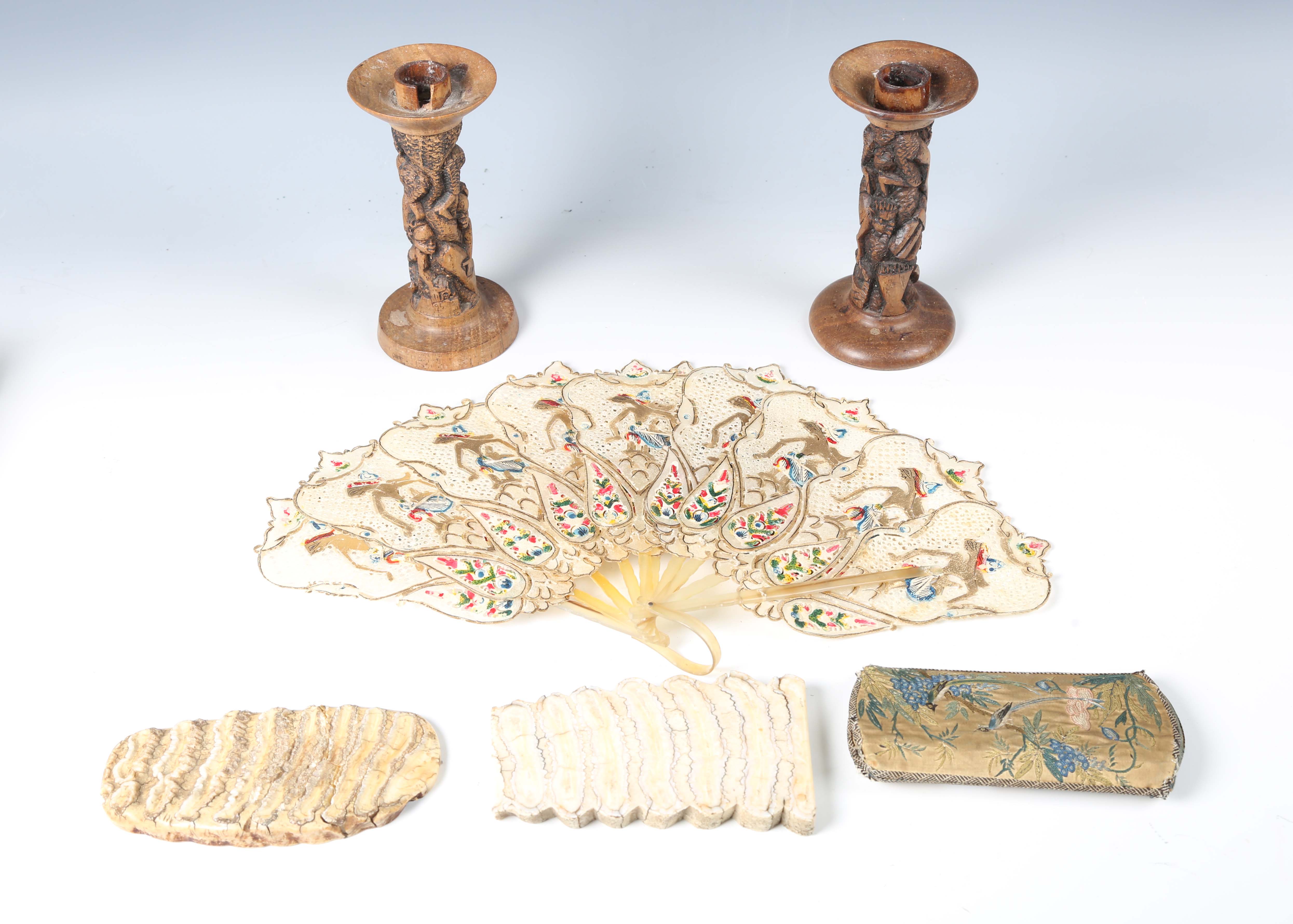 A mixed group of collectors' items, including two sliced cross sections of mammoth teeth, length