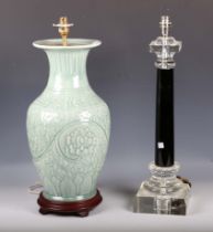 A modern Chinese celadon glazed table lamp, height 51cm, together with a modern black and clear