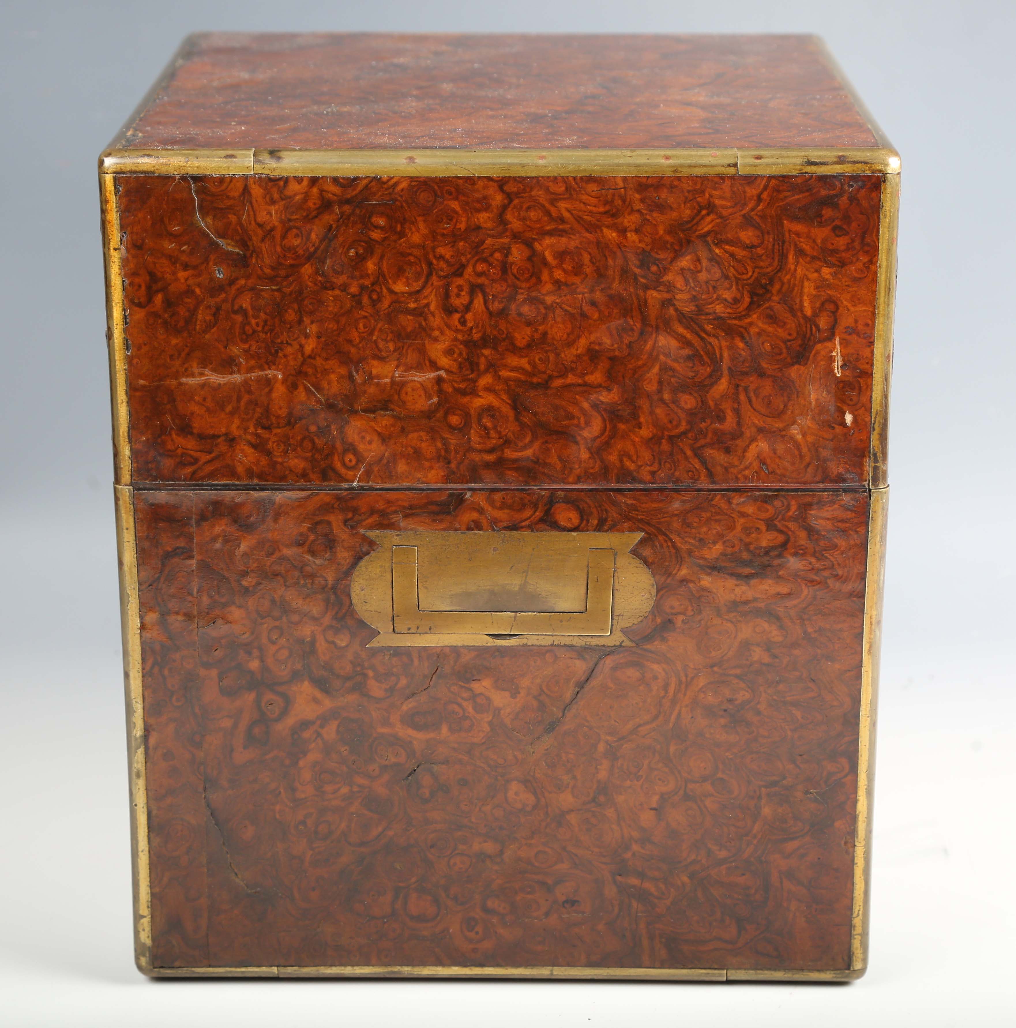 A Victorian burr walnut and brass bound decanter box, the sides with recessed handles, the - Image 2 of 10