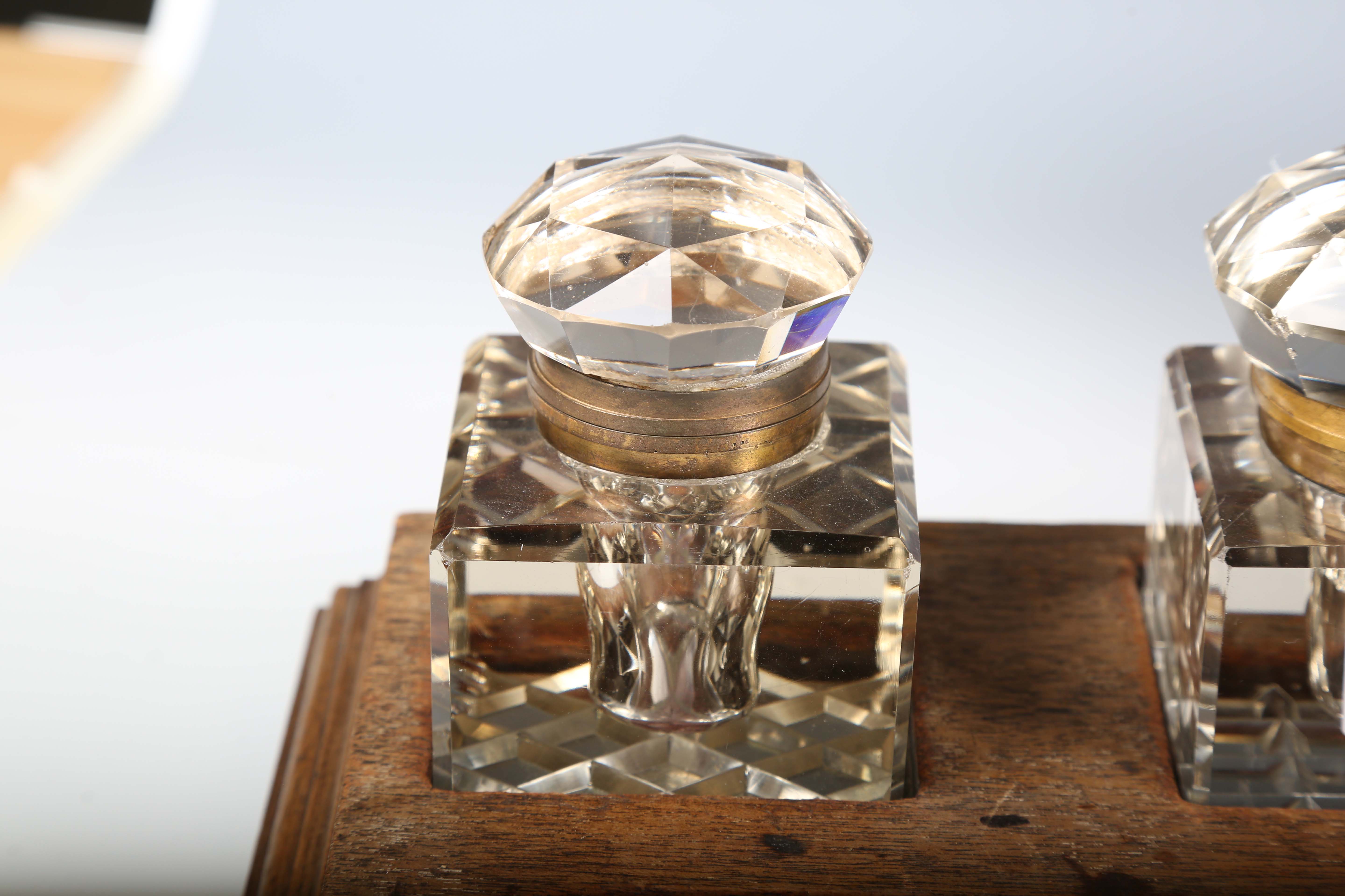 A late Victorian walnut desk stand, fitted with three glass inkwells, weight 38cm, together with two - Image 16 of 17