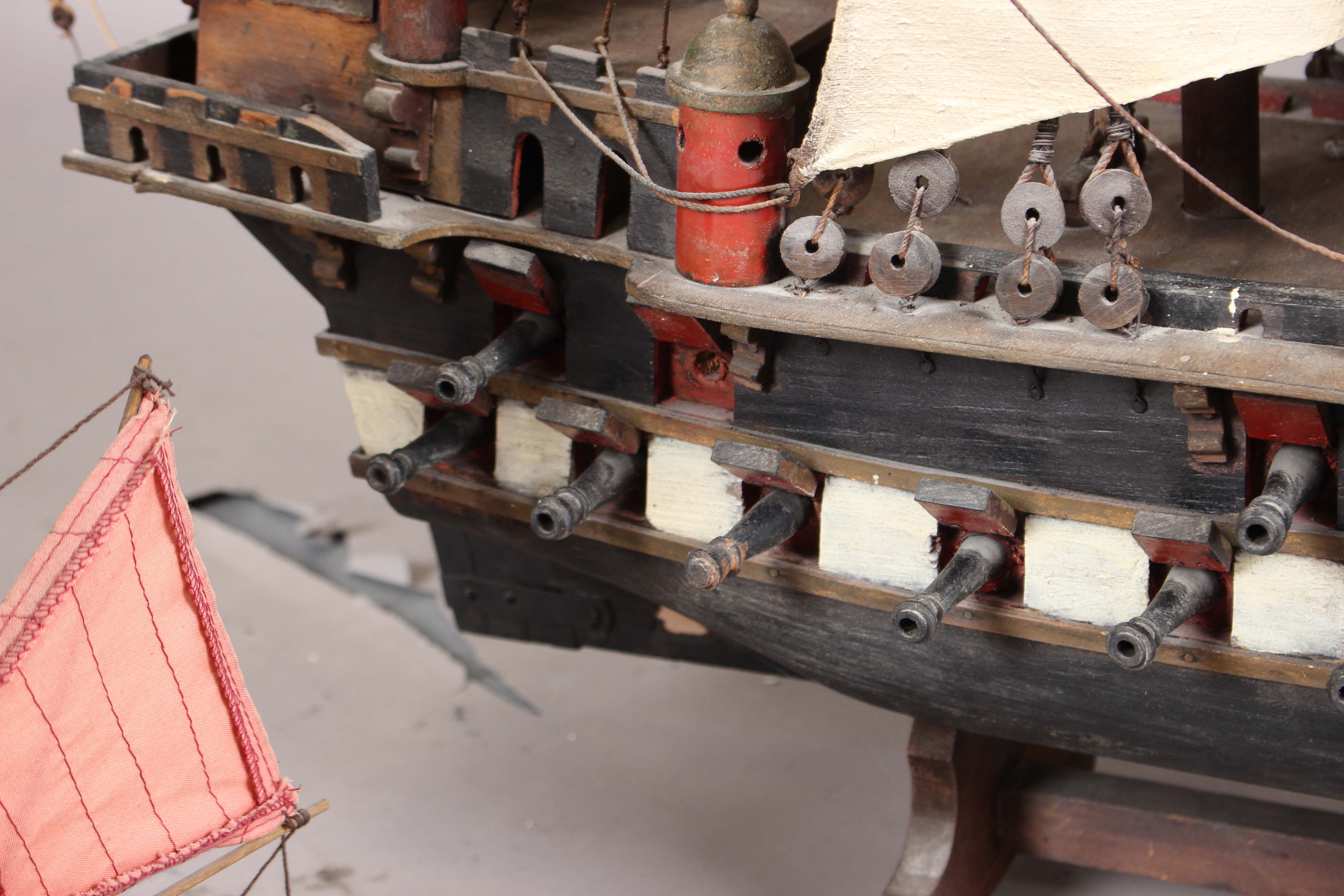 A 20th century scratch-built wooden model of a galleon, length 110cm, together with a model of a - Image 23 of 28
