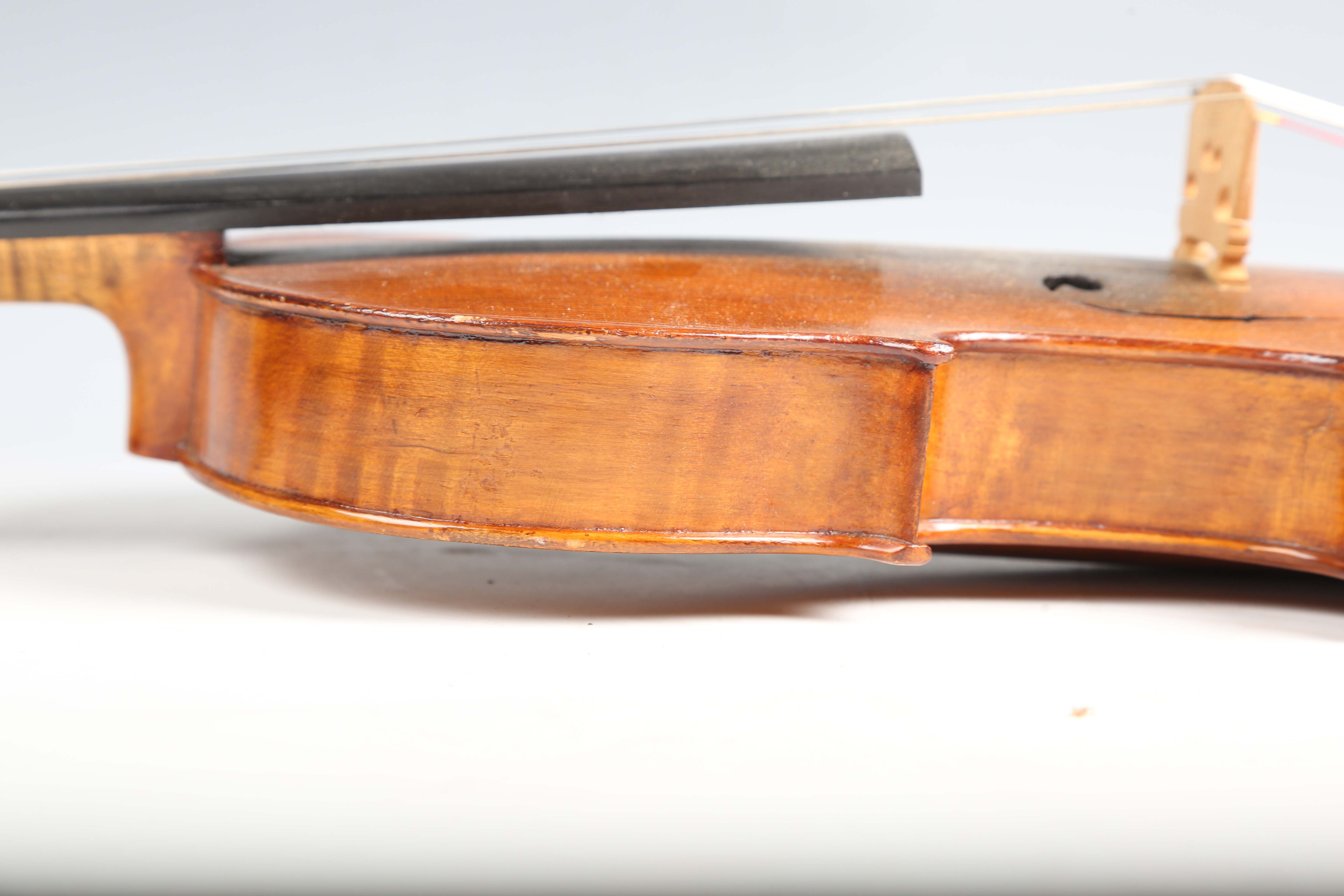 A violin with striped two-piece back, length of back excluding button 36cm, cased with a bow.Buyer’s - Image 18 of 25