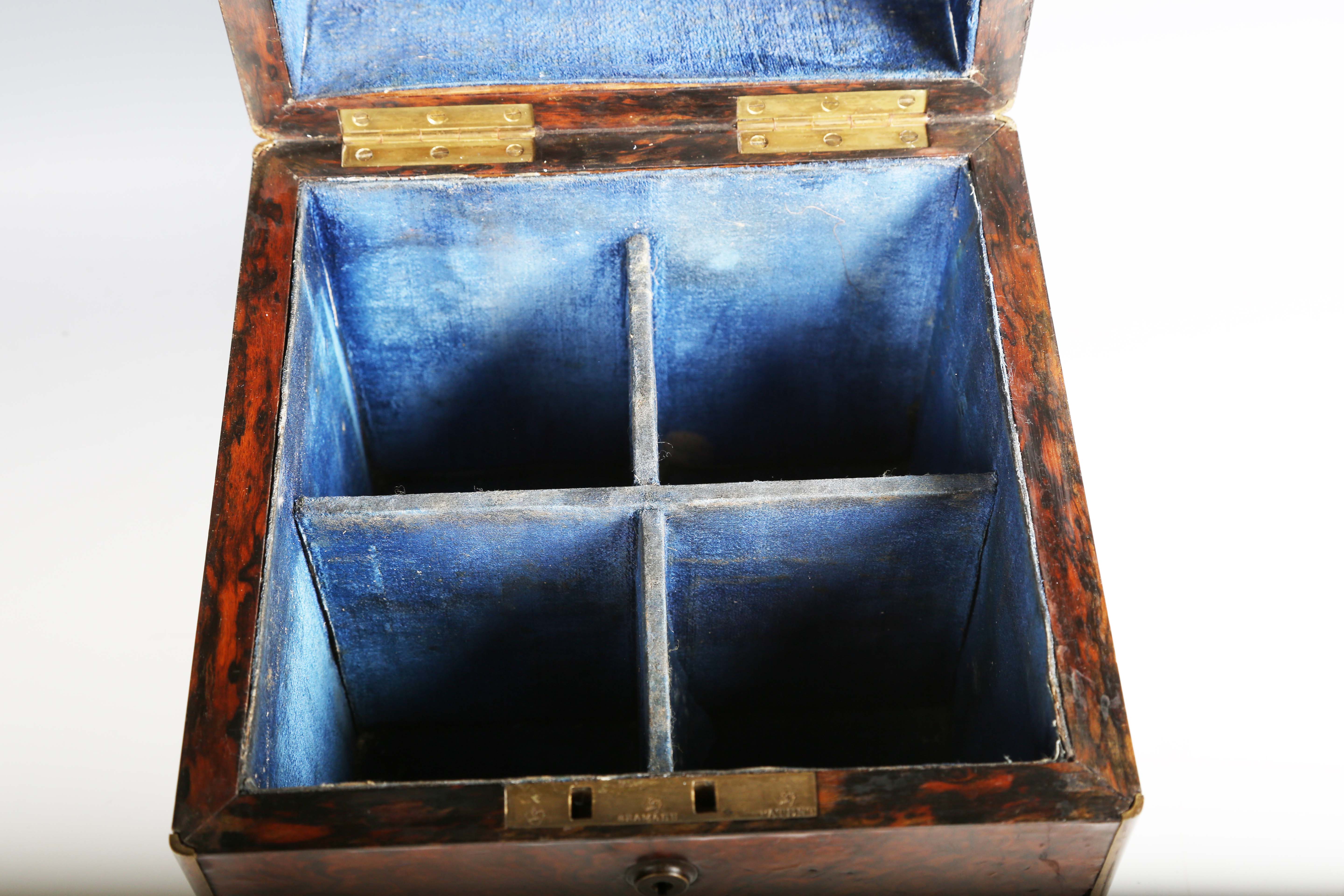 A Victorian burr walnut and brass bound decanter box, the sides with recessed handles, the - Image 8 of 10