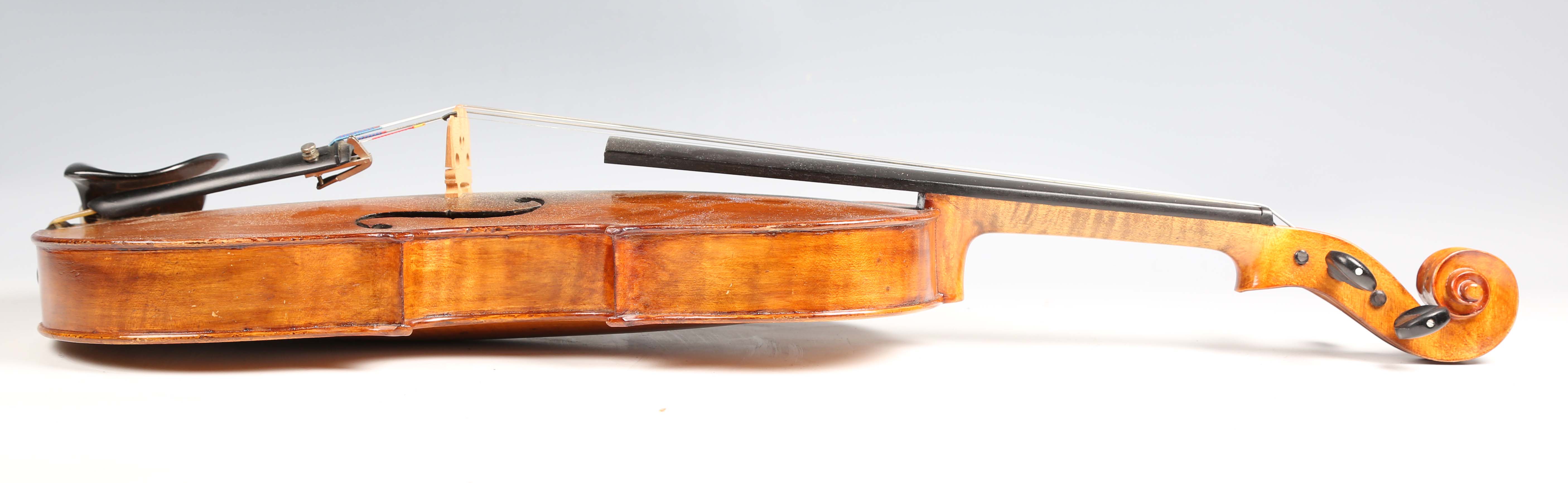 A violin with striped two-piece back, length of back excluding button 36cm, cased with a bow.Buyer’s - Image 15 of 25