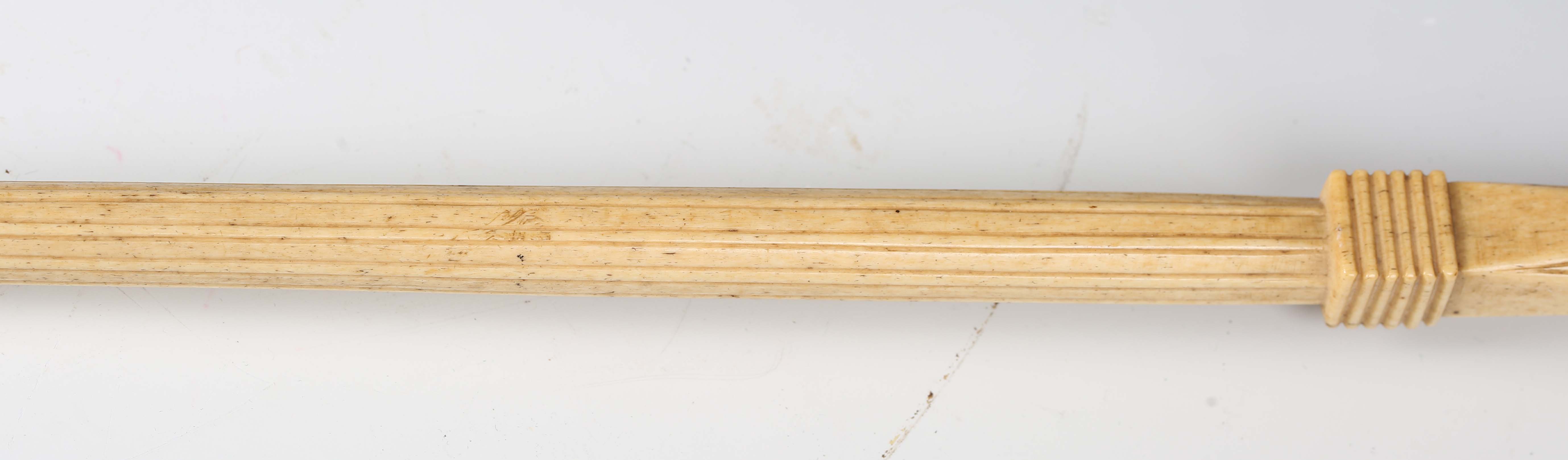 A late 18th/early 19th century carved scrimshaw walking cane, the marine ivory pommel above a carved - Image 8 of 12