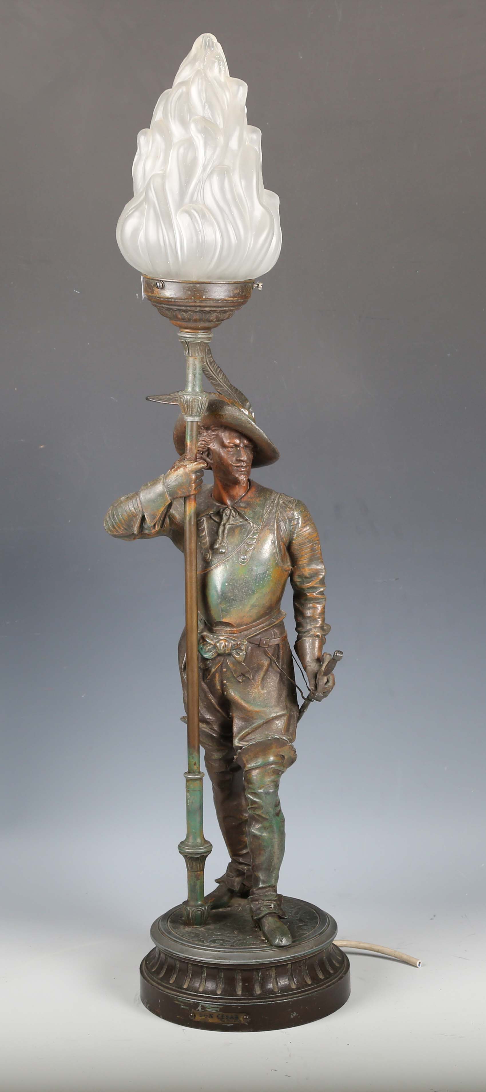 Auguste Poitevin - a 19th century spelter figural table lamp, modelled as Don Cesar, raised on a