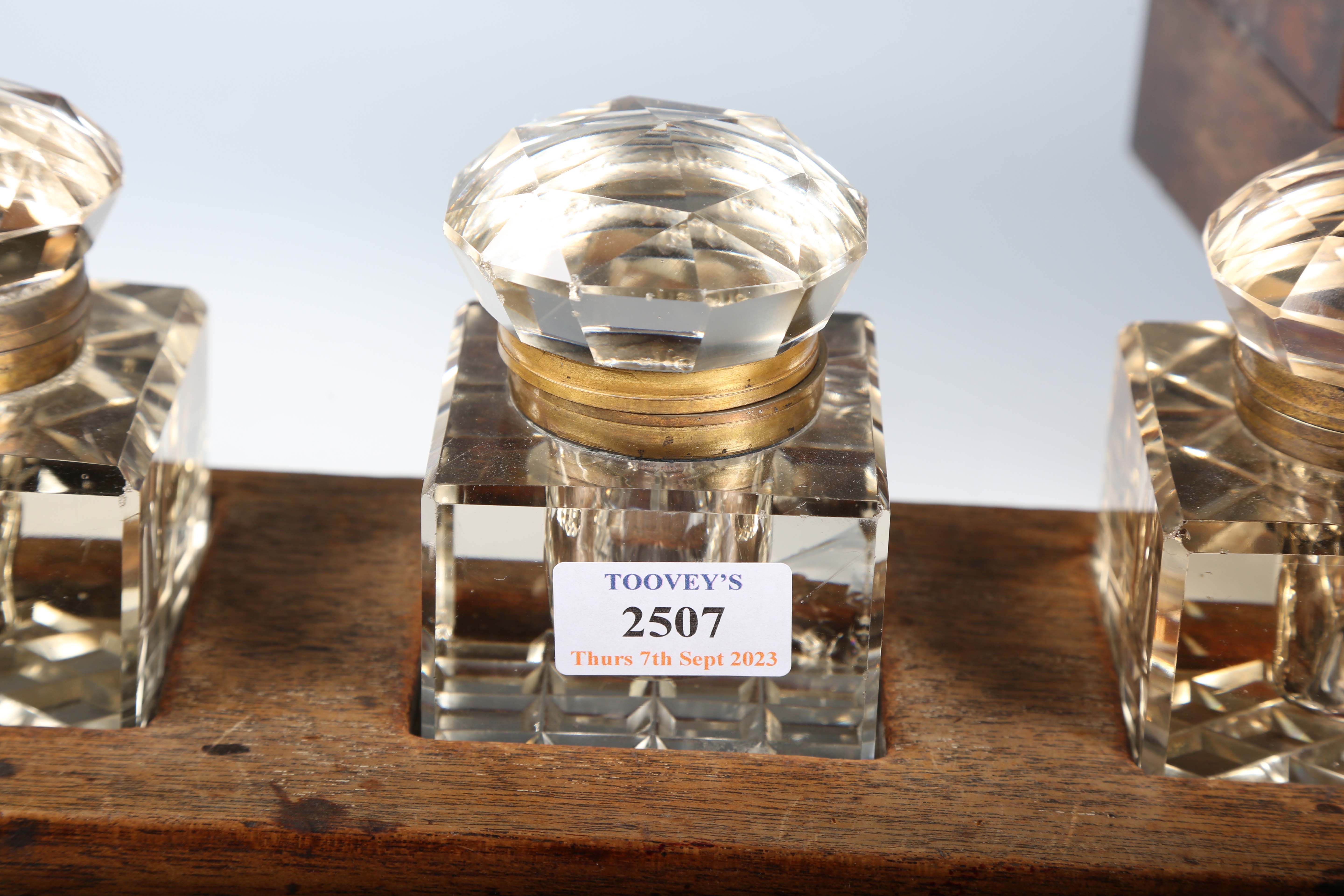 A late Victorian walnut desk stand, fitted with three glass inkwells, weight 38cm, together with two - Image 15 of 17