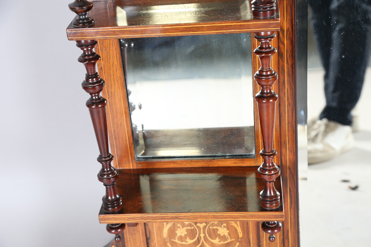 A late Victorian rosewood and inlaid overmantel mirror, fitted with shelves, height 140cm, width - Image 4 of 15