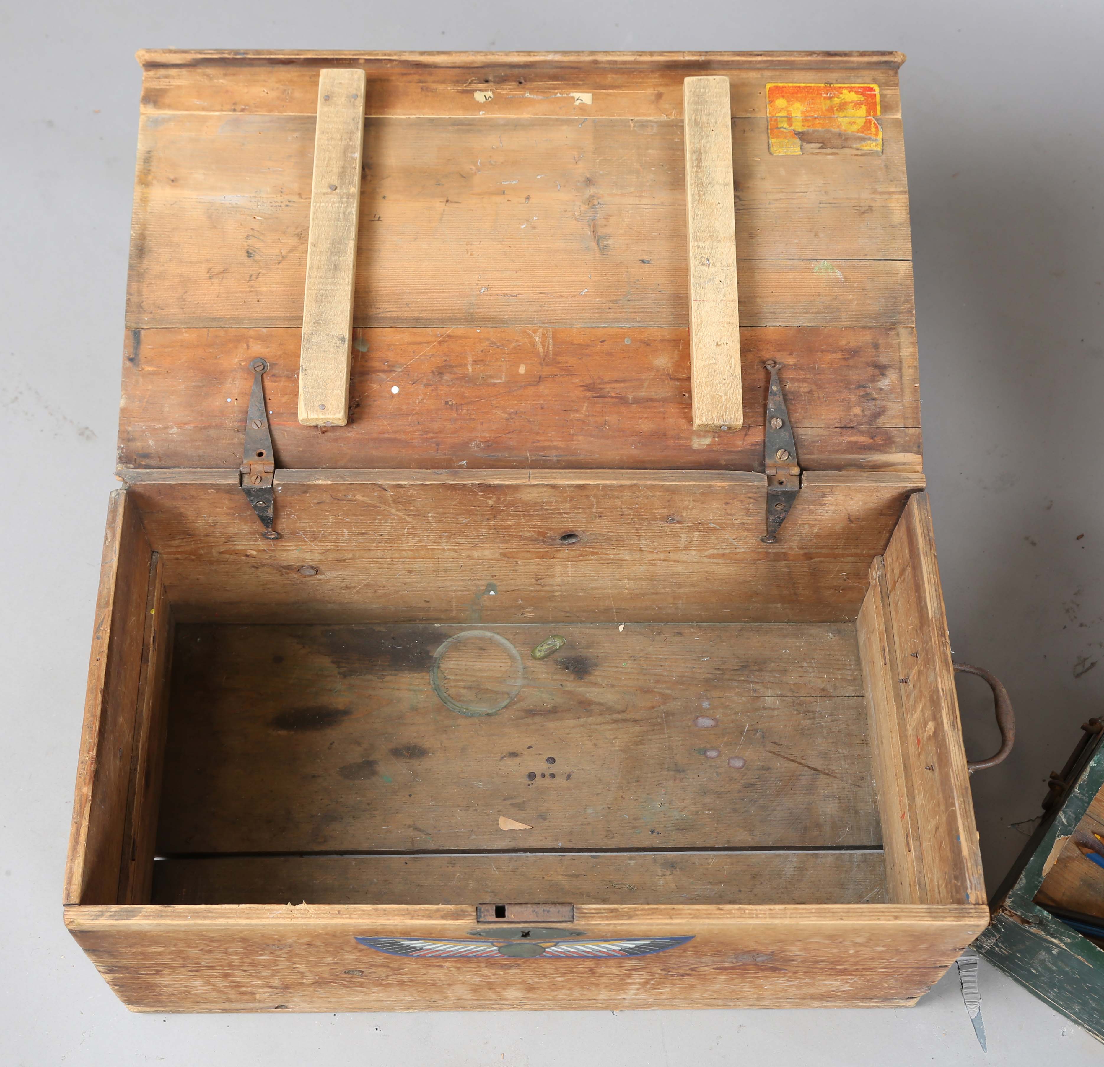A 19th century pine trunk, width 60cm, another pine rectangular box and an Eastern copper pan with - Image 9 of 10