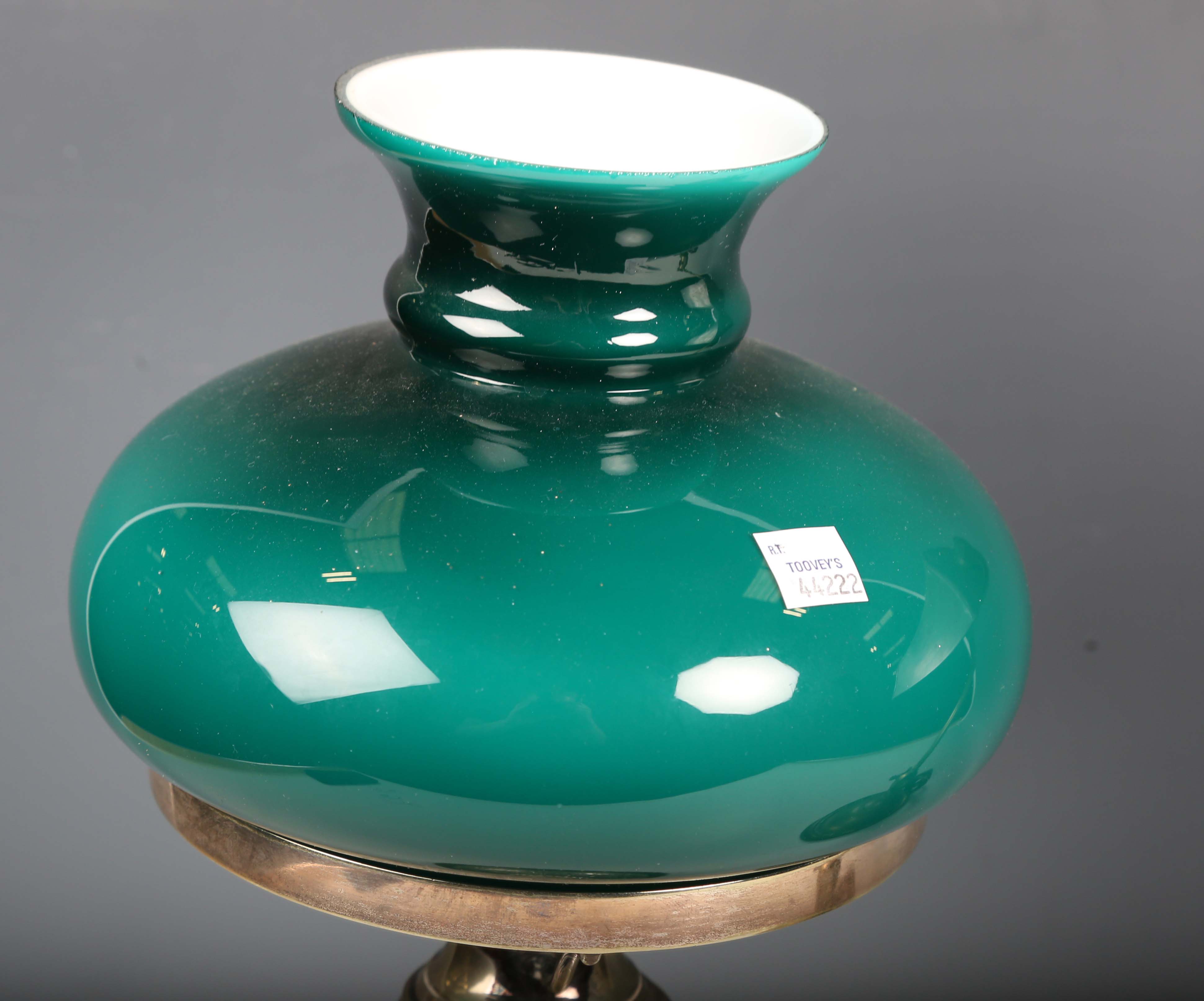 An early 20th century plated brass table lamp with green glass shade, height 37cm, together with - Image 8 of 12