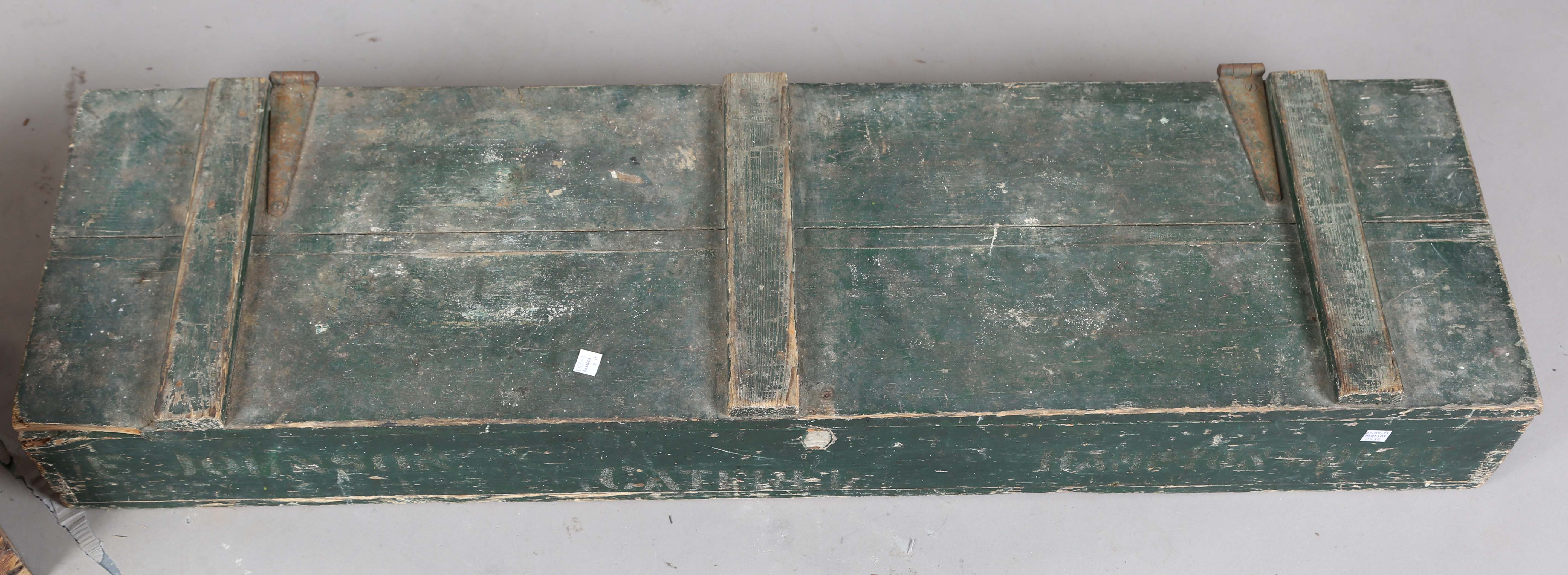 A 19th century pine trunk, width 60cm, another pine rectangular box and an Eastern copper pan with - Image 6 of 10