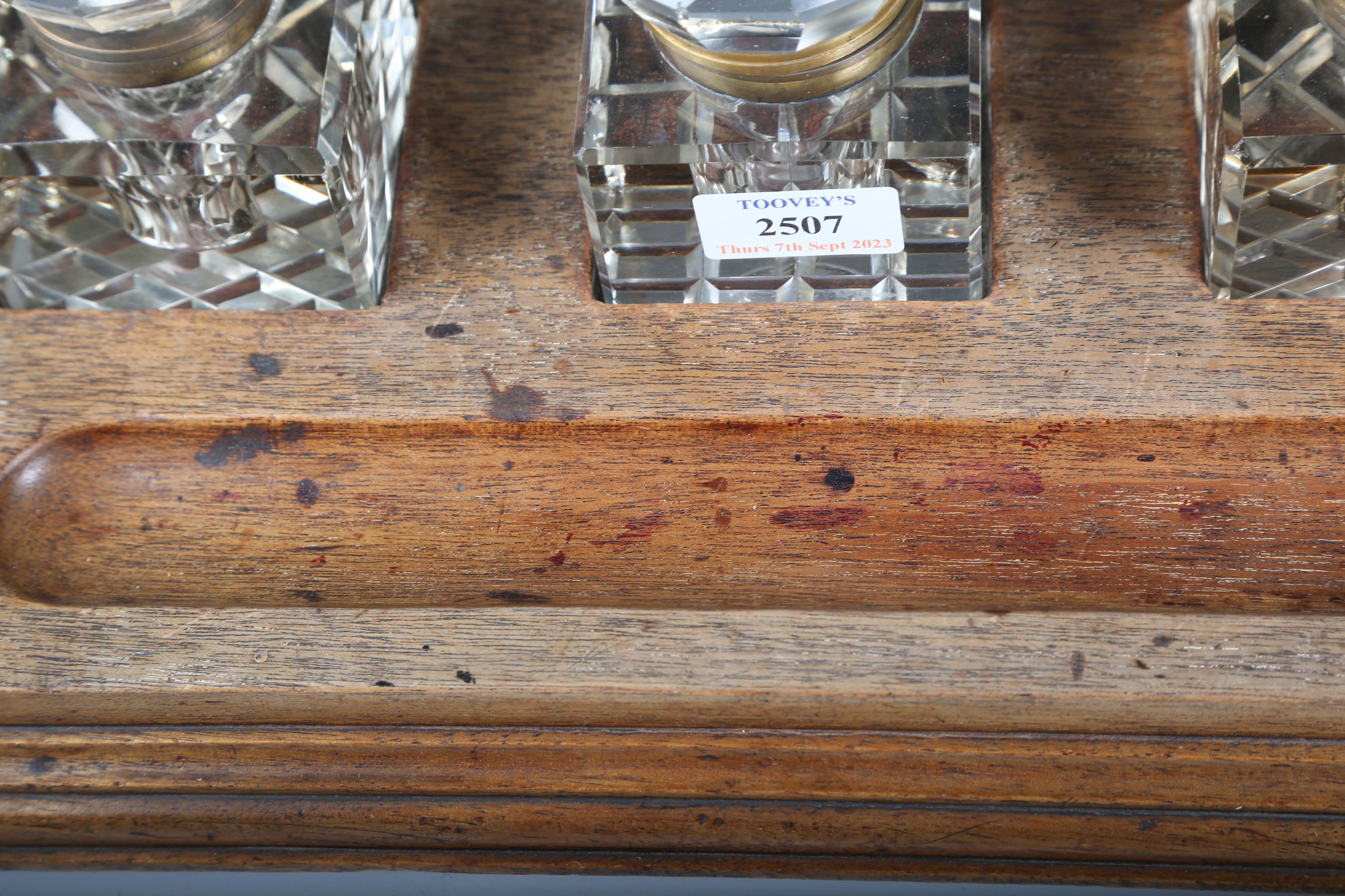 A late Victorian walnut desk stand, fitted with three glass inkwells, weight 38cm, together with two - Image 2 of 17