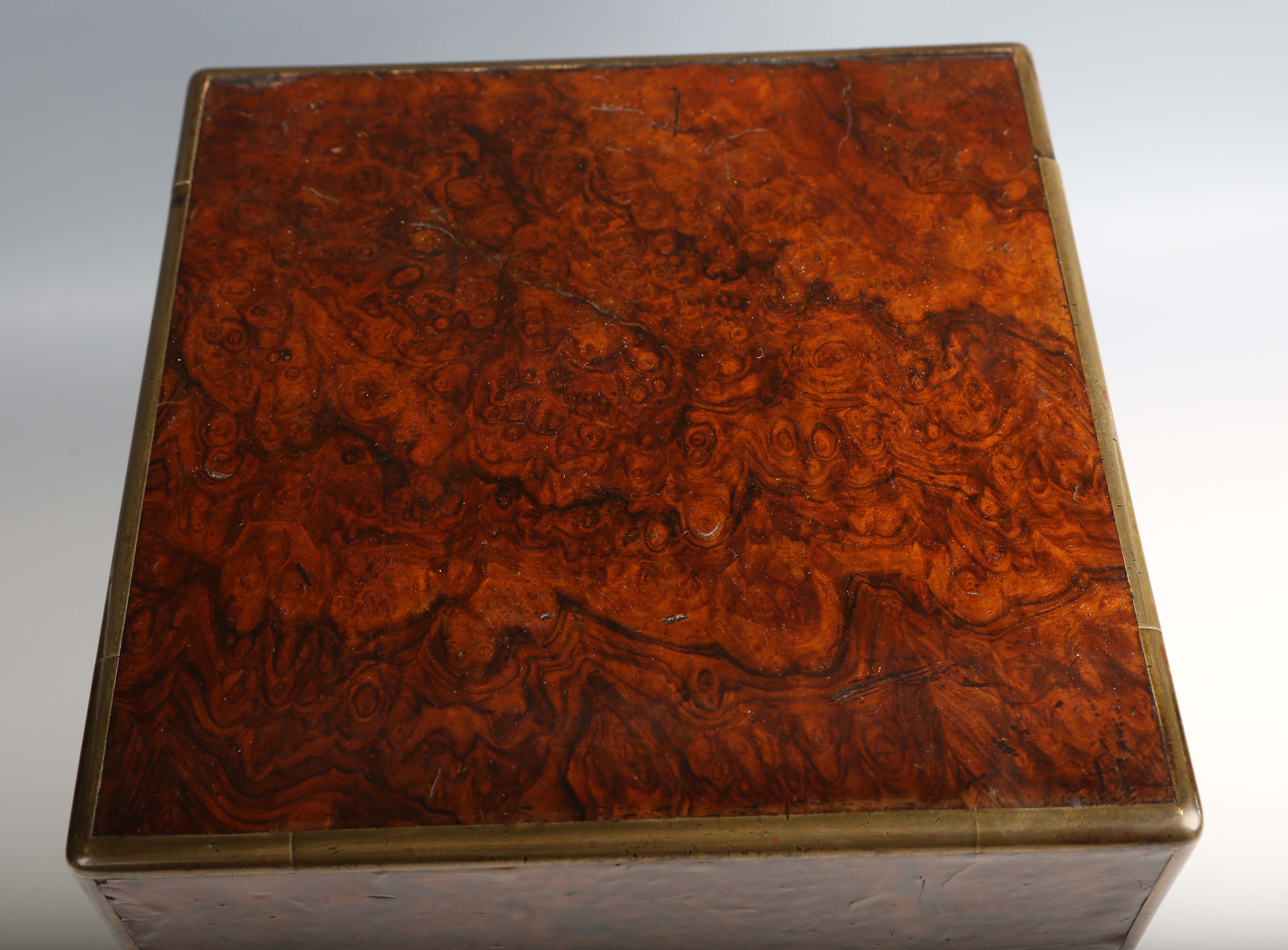 A Victorian burr walnut and brass bound decanter box, the sides with recessed handles, the - Image 6 of 10