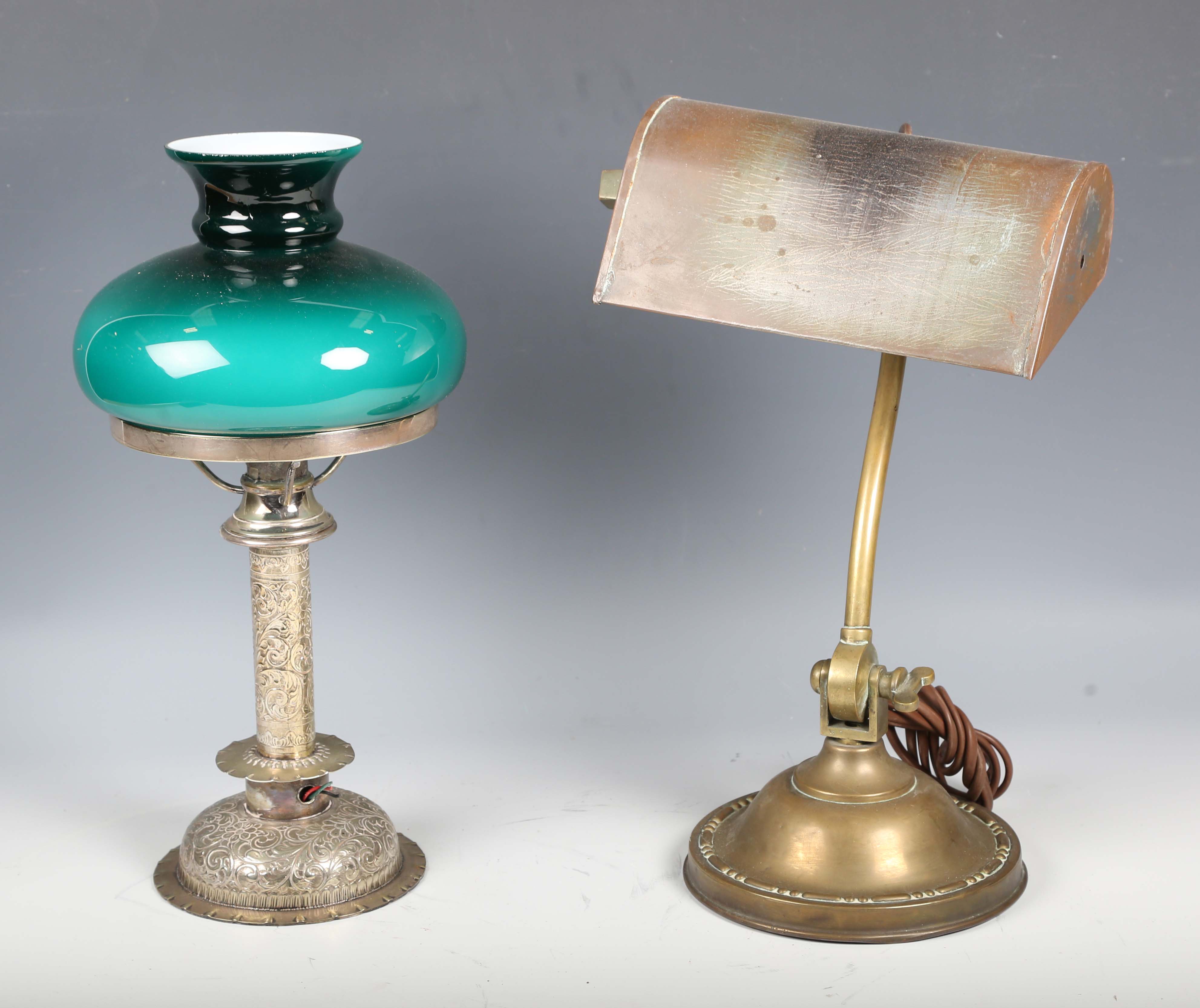 An early 20th century plated brass table lamp with green glass shade, height 37cm, together with