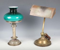 An early 20th century plated brass table lamp with green glass shade, height 37cm, together with